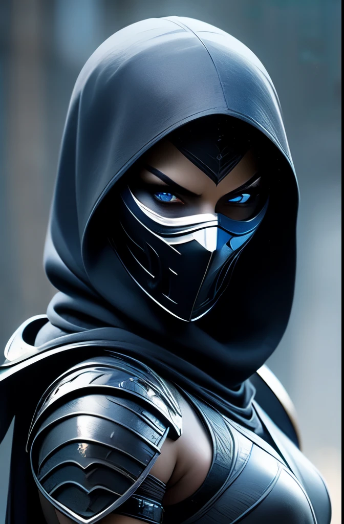 Imagine a fierce female warrior from the realm of shadows, a master assassin known as the counterpart to Mortal Kombat's Noob Saibot. She is clad in sleek, obsidian-black armor that seems to absorb all light, adorned with subtle, ghostly blue accents that hint at her otherworldly powers. Her face is partially concealed by a dark, hooded cloak, but her eyes glow with an eerie, ghostly light, giving her an intimidating presence