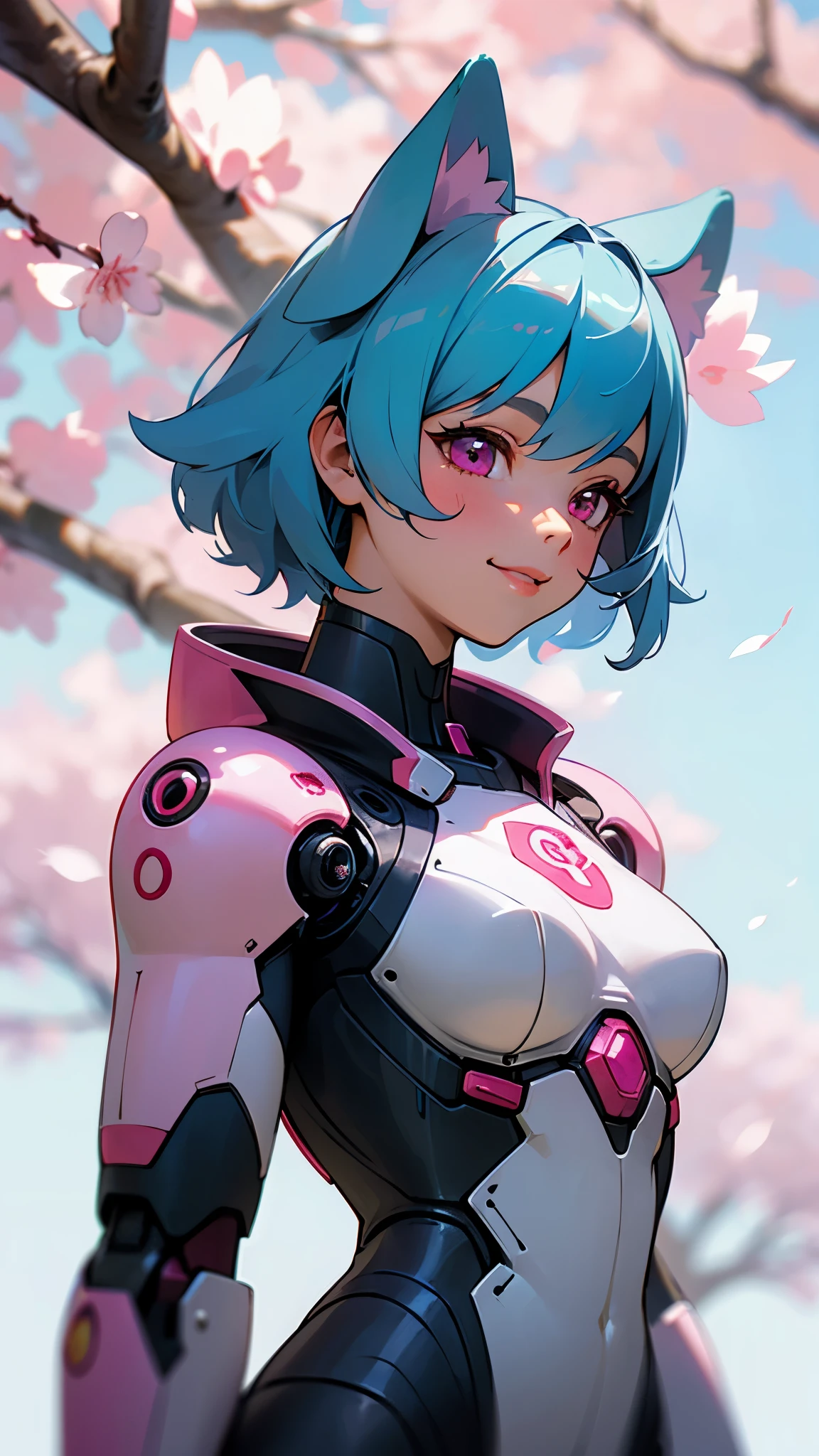 (highest quality、Extra fine、real)、Genki Girl、small breasts、Bodysuits that fit the body、cybernetic body parts、light blue hair、dog ears、pink eyes、From the side、gloves、bright smile、stand in front of a cherry tree、upper body close-up、cherry blossom park、sharp outline