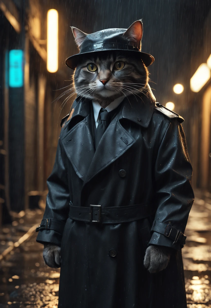 High Resolution, High Quality, Masterpiece.Anthropomorphic cat dressed in a trench coat and hat, Noir style, dark in an alley, cinematic light, lots of detail, realistic, 4k, cinema, epic, rain, neon ambiance, abstract black oil, gear mecha, detailed acrylic, grunge, intricate complexity, rendered in unreal engine, photorealistic Hyperdetalization. Hyperrealism. Dramatic light. 