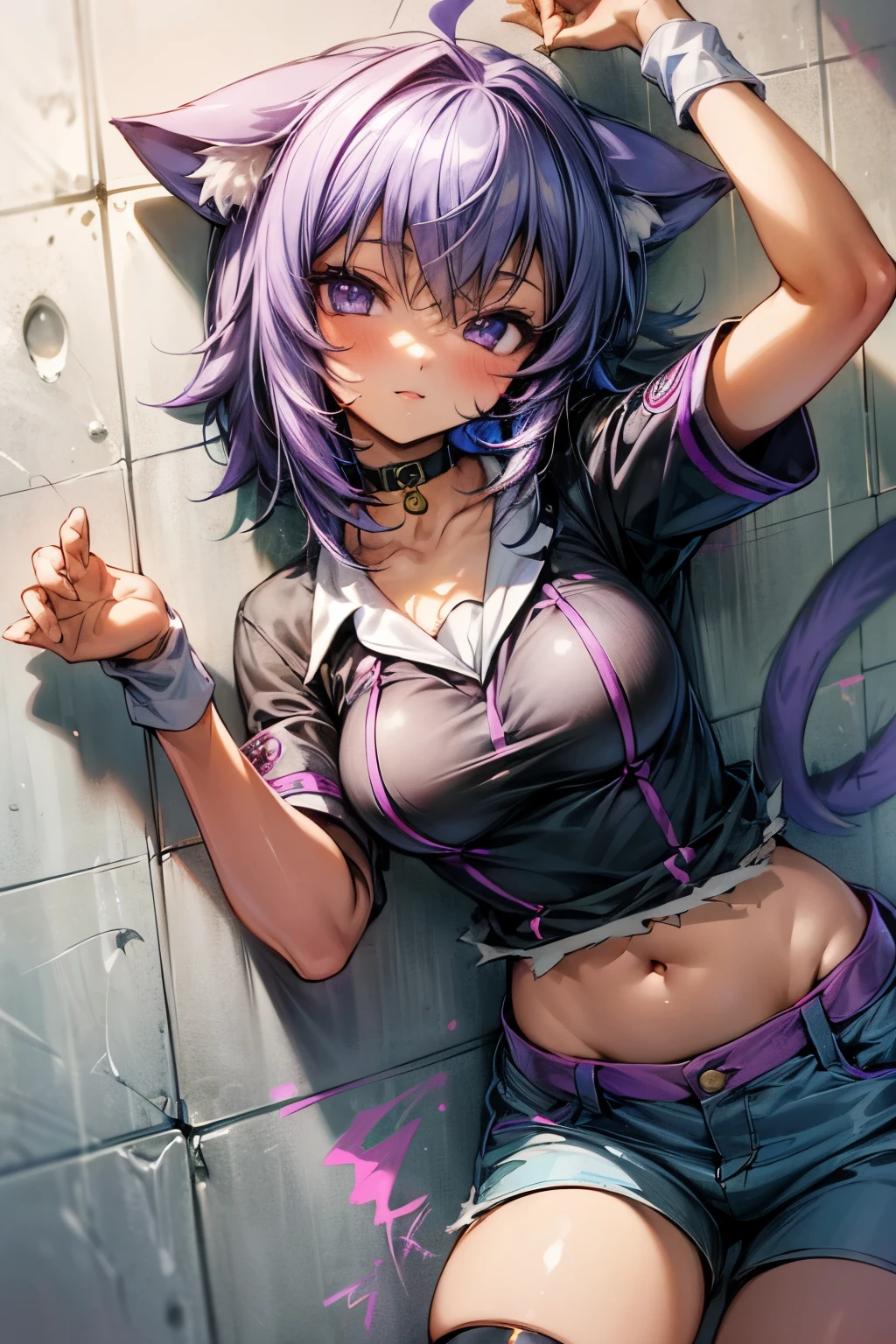 ((Cinematic light, Best quality, 8k, Masterpiece :1.3)), 1girl, Beautiful woman with thin abs :1.4, (purple hair, small breasts :1.3), rope panties, bra :1.2, hopefully falling, seductive open lips, sofa, ultra-detailed face, detailed eyes, double eyelidwork, best quality, Neeko, hair ornaments, hair flower, body painting, calango tail, trying to be sexy,(( nun habit)), ((goth)),mini nun habit, showing sweaty armpits, steamy, sexual teasing, ((showing flat belly)), fight position, hands shining purple, ((latex)), ((goth makeup)),