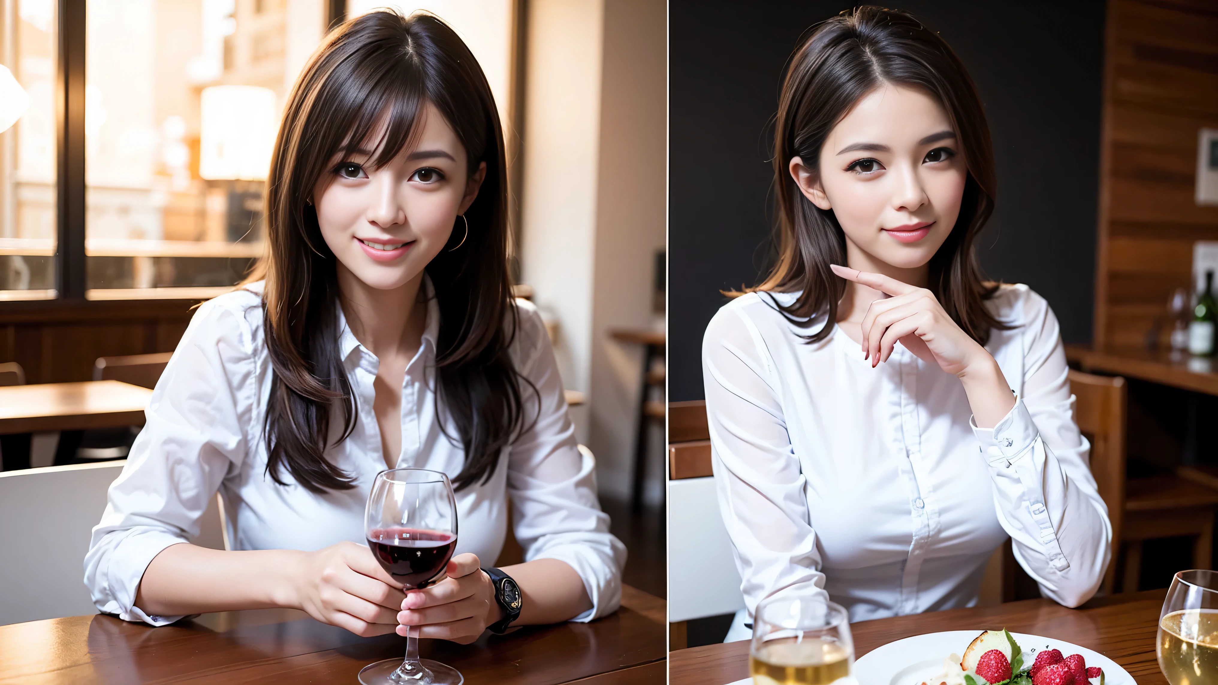 64k, Hmm, highest quality, masterpiece: 1.2), (realistic, photorealistic: 1.37), Super detailed, slimな美女3名, (slimフェイス),Happy、 最高なsmile、Fox face、Berry Short、(because I'thin), (brown hair), (shortcut), long sleeve shirt、winter fashion、Colombian、Brazilian、Japanese、Dutch、German、Portuguese、Belgian、Italian、French,Champagne、sparkling wine、 (gush out), (slimボティ), (brown hair), (shortcut), neat beauty、cheeks turn a little red, (35 years old), 38 years old, alone, A beautiful and detailed night view spreads out outside the window...., restaurant, wine glassが座っている, At night, in a prominent place (from the Upper body) nova frog style, actress, model, Upper body, White wine, slim, wine glass, Very beautiful night view, wine glass Put in the Middle, Happy smile, (smile: 1.15),
