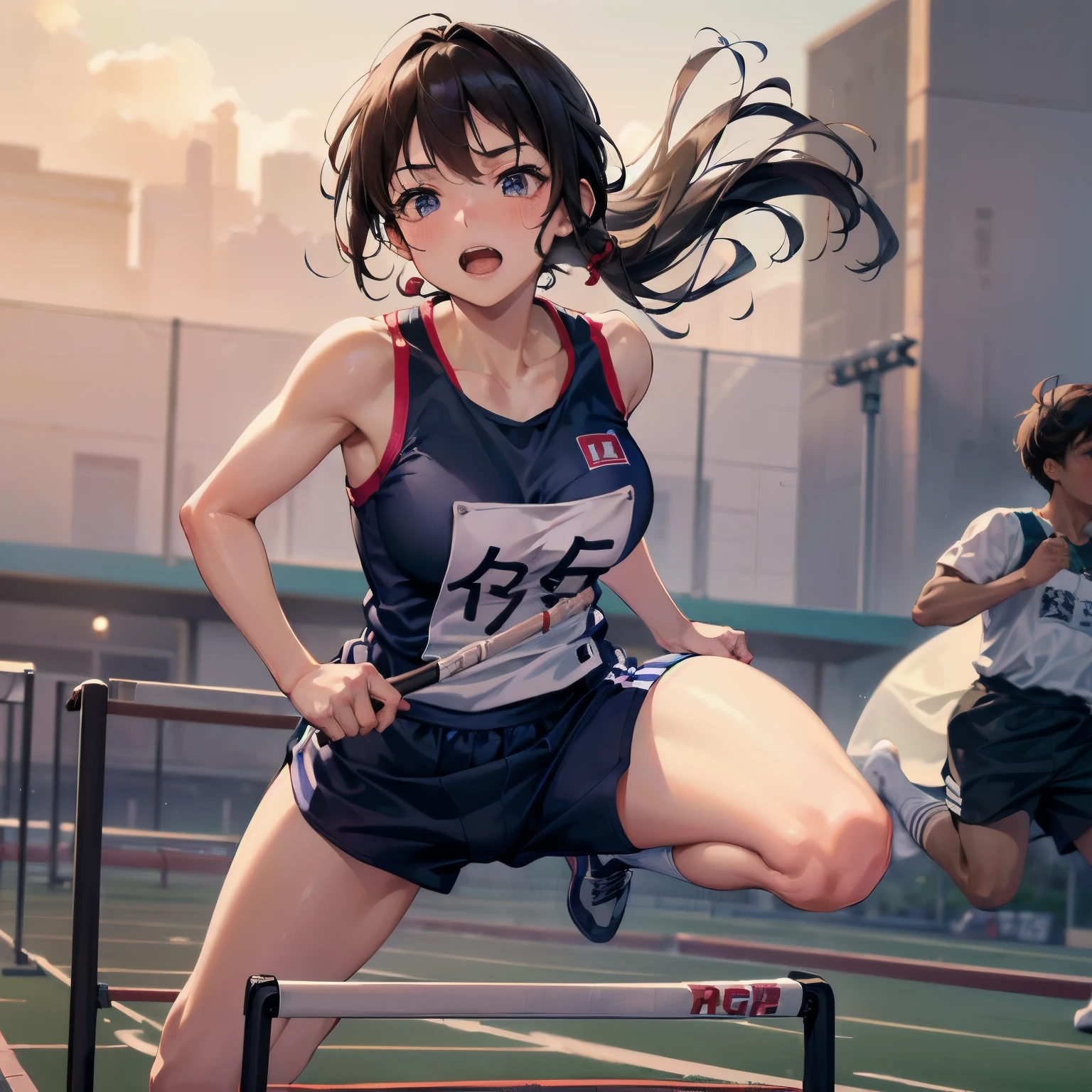 (Create a photo-realistic masterpiece with 16k resolution, HDR level set at 1.3, and absolute clarity at resolution:1. Achieve ultra-detailed perfection with a fine detail setting of 1.1. Professionally color grade the image for a cinematic and visually stunning result.),
BREAK
(A Japanese high school girl in the track team is jumping over hurdles with a very hard working expression on her face. Dynamic and dynamic scenes. High quality Japanese sports manga.:1.6),
perfect anatomy, (perfect fingers, perfect hands:0.6),
BREAK
(Background is a track and field, depth of field:1.3),