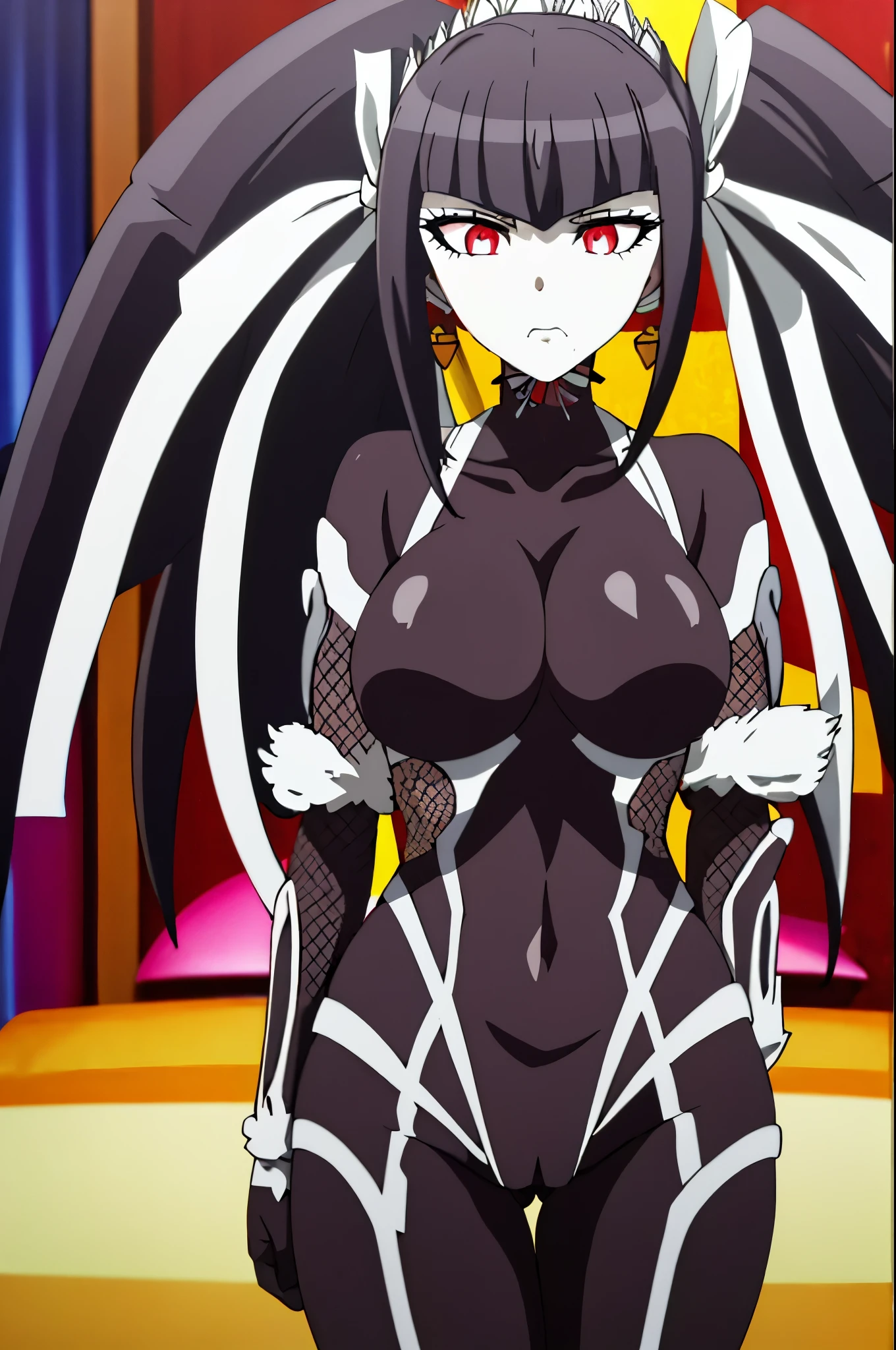 masterpiece, best quality, CG, wallpaper, HDR, high quality, high-definition, extremely detailed, taimanin bodysuit, 1girl, solo,aroused girl, face view, standing, blushing, moaning, celestia ludenberg, long hair, bangs, black hair, (red eyes:1.3), long sleeves, twintails, drill hair, twin drills, (red lips:0.8), busty, large breasts,cleavage, elbow gloves, scowl, centered, best quality, masterpiece, large breasts, thick thighs, thick hip