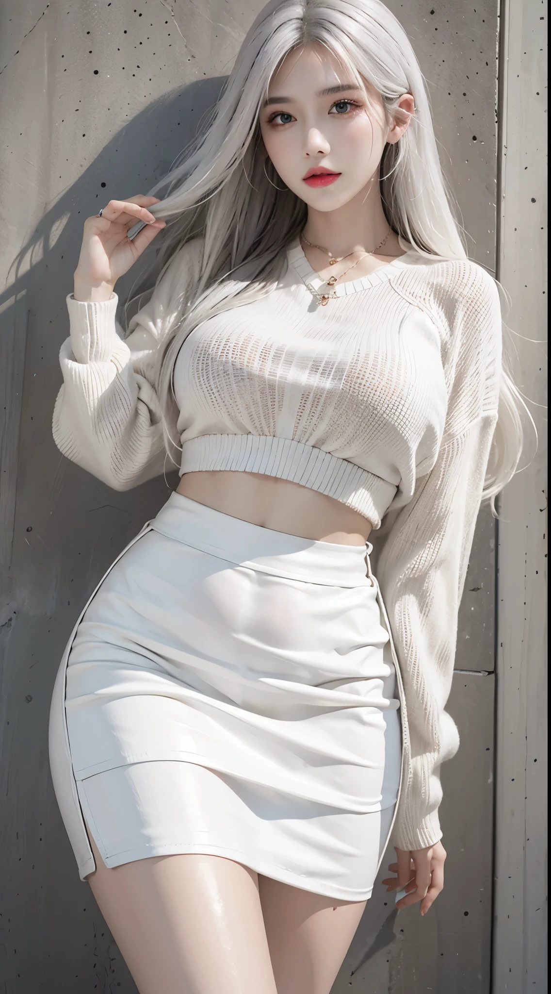 high resolution, 1 woman, hips up, Beautiful eyes, Long hair, ringed eyes, jewelry, tattoo, colorful street wear, white hair, thick leather skirt