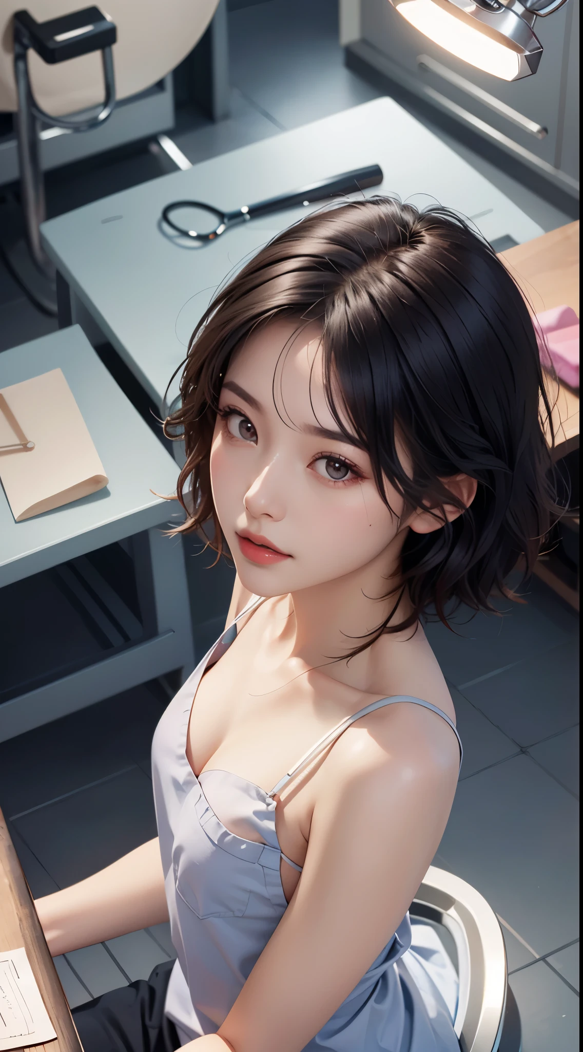 masterpiece,8k,(Lovely, retina, masterpiece, Accurate, anatomically correct, beautiful skin, Super detailed, advanced details, high quality, 最high quality, High resolution, 1080p, hd, 4k, 8k, 16k), (upper body close-up),(((short hair))),(beautiful and detailed eyeouth wide open))), thick and beautiful lips, highly detailed eyes and face), studio lighting, Physically based rendering, bright colors, (small breasts:1.8, slender body), ((red dentist scrubs)), (portrait, shiny hair, shiny skin, blush), (((looking down from above))),(in the examination room:1.5), eye reflection, jet black hair, 