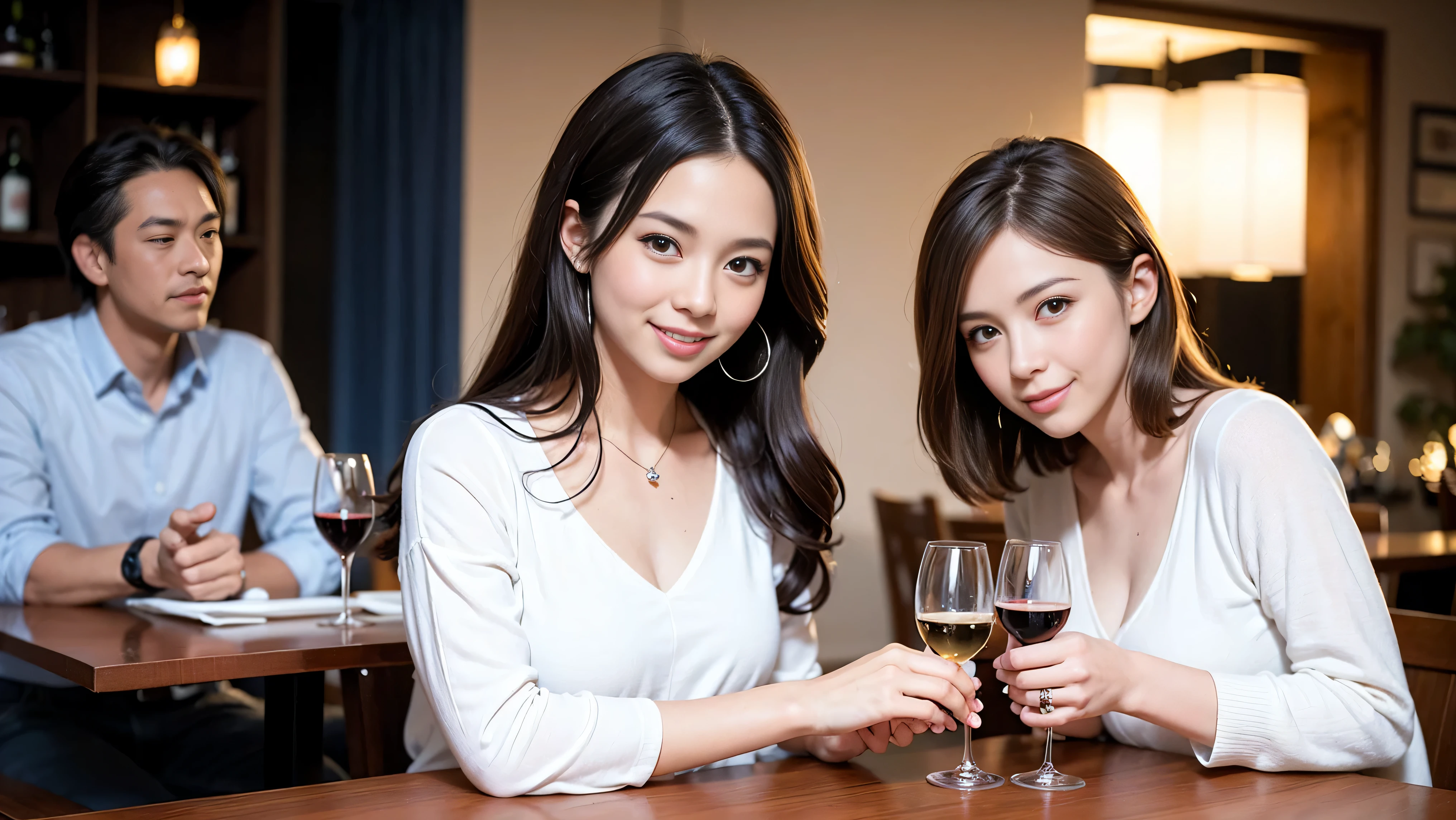 (including 64k, nffsw, highest quality, table top: 1.2), (realistic, photorealistic: 1.37), long sleeve shirt、winter fashion、Columbia、Brazilian、Japanese、Dutch、German、Portuguese、Belgian、Italian、French,Champagne、sparkling wine、 (slimフェイス), (slimボティ), (brown hair), (shortcut), neat beauty、cheeks turn a little red, (35 years old), 38 years old, alone, 窓の外には美しく緻密なnight景が広がります., restaurant, wine glassが座っている, nightに, in a prominent place (from the Upper body) nova frog style, actress, model, Upper body, White wine, slim, wine glass, Super Clean night View, wine glass Put in the Middle, Happy smile, (smile: 1.15), beautiful and detailed eyes, Upper body, bust japan up, night, short, short, actress, model, Upper body, White wine, slim, wine glass, Super Clean night View, wine glass Put in the Middle, Happy smile,