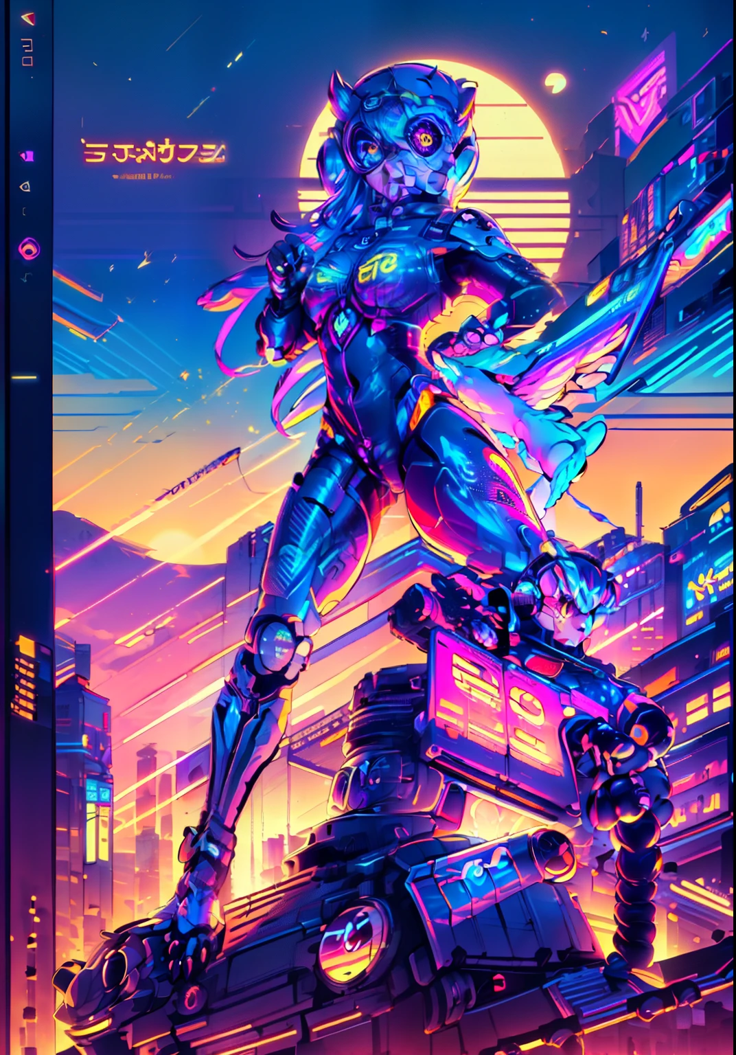 (owl human, cyborg:1.2), city, sun, illustration, vector,
(multicolored background:1),(dynamic pose:1.2),(dynamic angle:1),
(masterpiece:1.2), (best quality, highest quality), (ultra detailed), (8k, 4k, intricate), (50mm), (highly detailed:1.2),(gradients),(ambient light:1.3),Accent Lighting,extremely detailed,original, highres,
 synthwave,