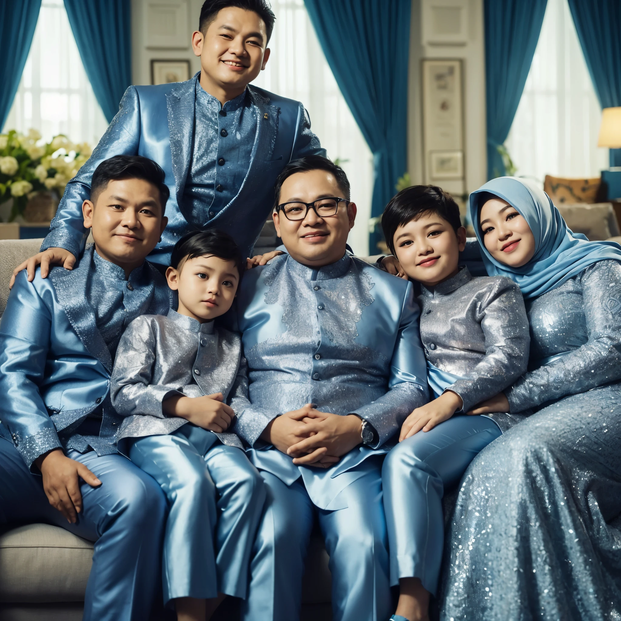 Make a friendly close up photo style, six members, one 45 year old Indonesian MAN, wearing a suit of the same color, fat, one 45 year old WOMAN, fat, wearing a hijab, four MEN aged 19, 15, 10 and six years This year they are wearing shiny silver Muslim women's koko shirts, bluish silver, the latest long dresses in matching colors, wearing hijabs, sitting on the sofa hugging each other, comfortable and happy, black background with white light, very detailed. fresh color, blue lighting, ULTRA HD,