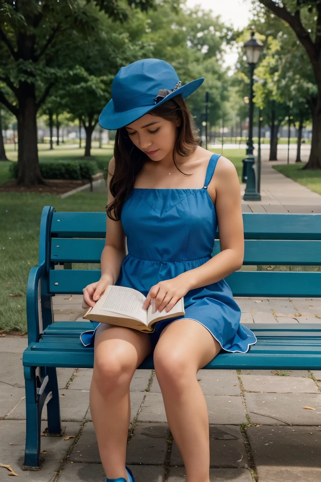 a girl in a blue dress and hat sits on a park bench and reads a book. A dog is sitting on a bench and there is a yellow bag on the bench..