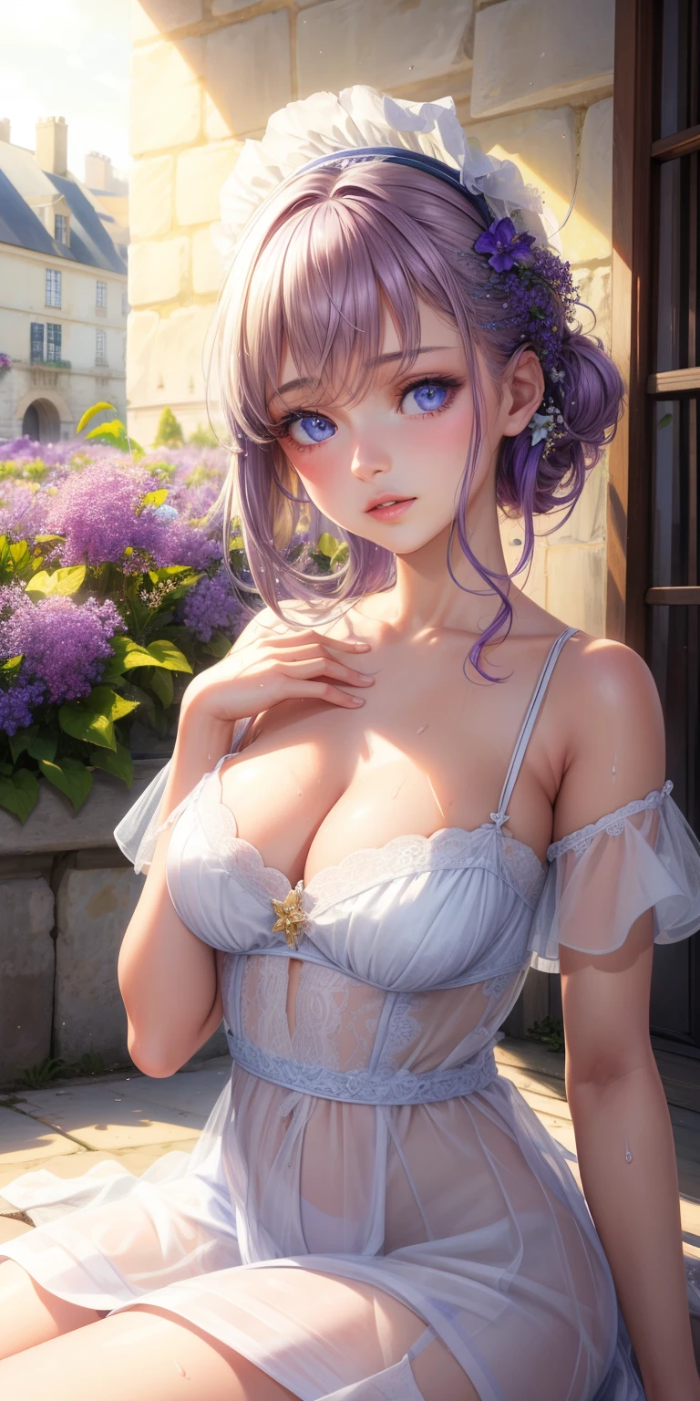 realistic, 1fille, cheveux blancs, yeux violets, yeux brillants, haut court, jupe, parted lips, rougir, nuit, fleurs, soleil, soleillight, nue, wet