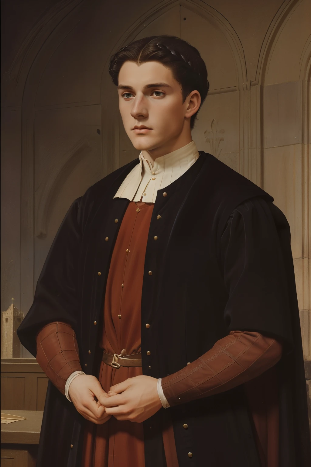 England, 1327. A young ((((22-year-old)) Ralph Fitzgerald)), intense eyes, ambitious, tall, athletic, being judged in a trial, defendant, ((((nerves and panic expression)))). ((((clothings from the 1300s)))), ((dark hairstyle of the 1300s))