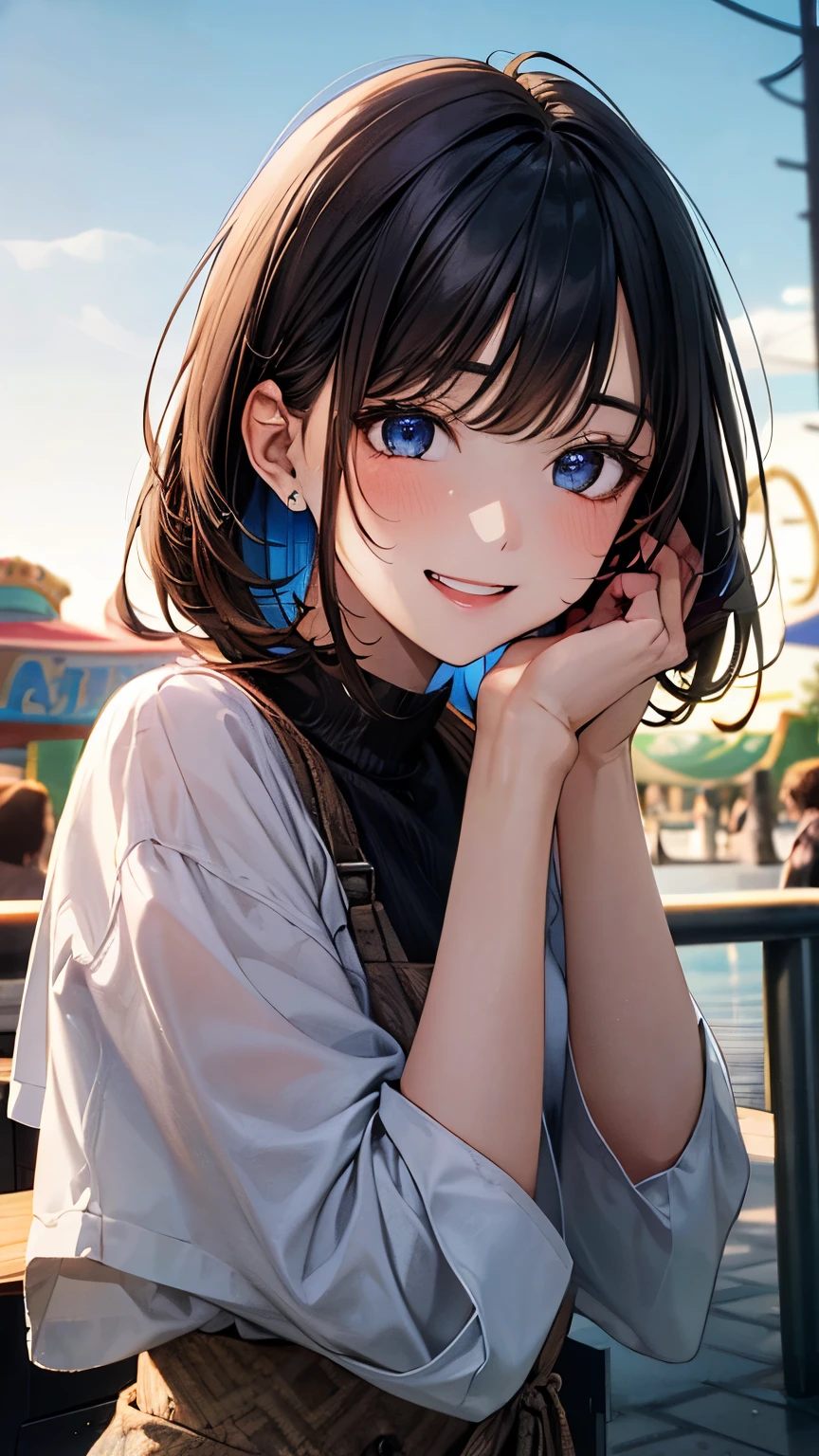 (best quality,4k,high res,UHD,retina:1.2),cute girl,blue eyes,smile showing teeth,bob with bangs,beautiful midi dress,amusement park,upper body shot 135mm,ultra-detailed,portraits,vivid colors,studio lighting,sharp focus,physically-based rendering.
