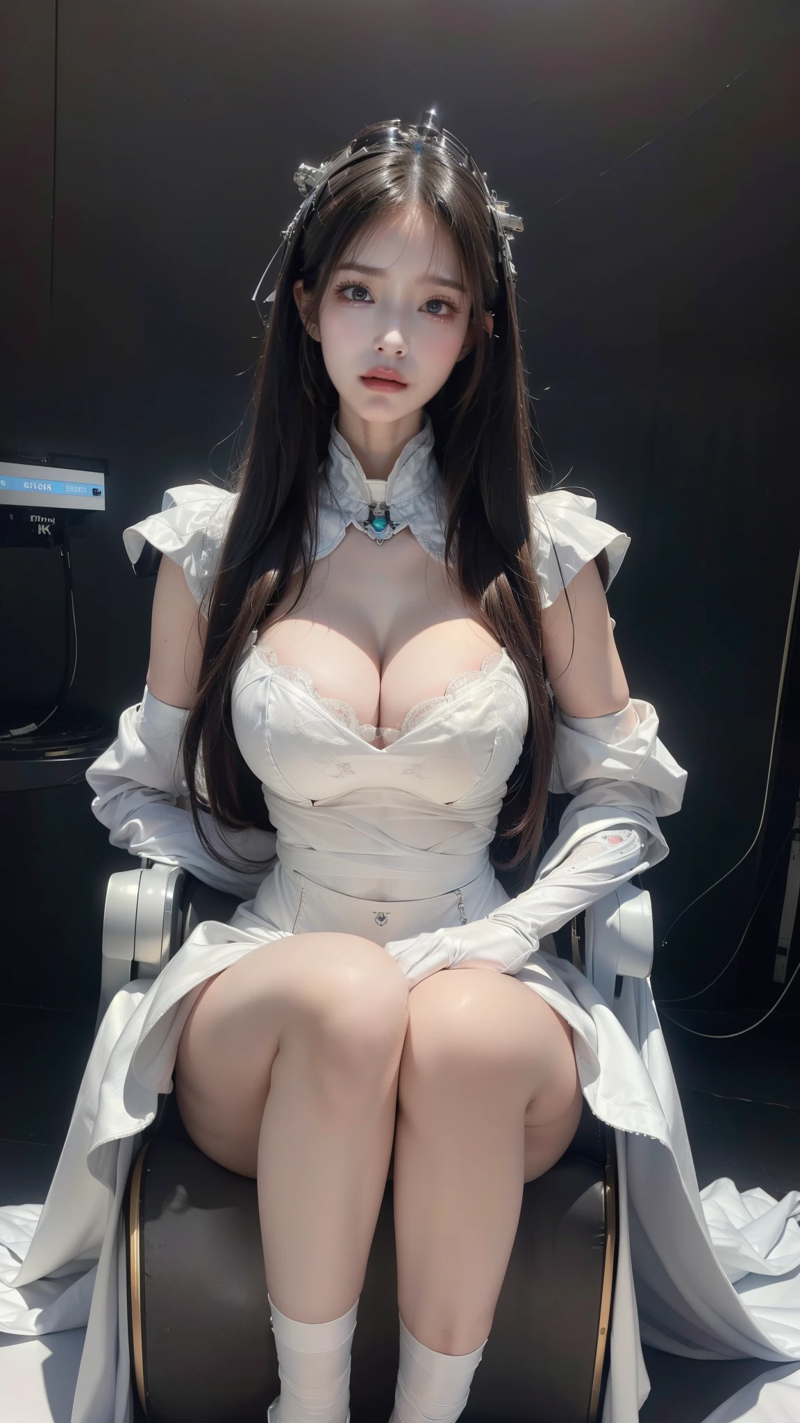 NSFW,((top quality、8k、masterpiece:1.3))Wears a silver-white mech,girl with delicate face,highest image quality,Ultra-clear,Exquisite and clear facial features,end of the world,Robotic arm,Exquisite details,mechanical pattern,cyberpunk characters、Digital City、Number、century、throne、