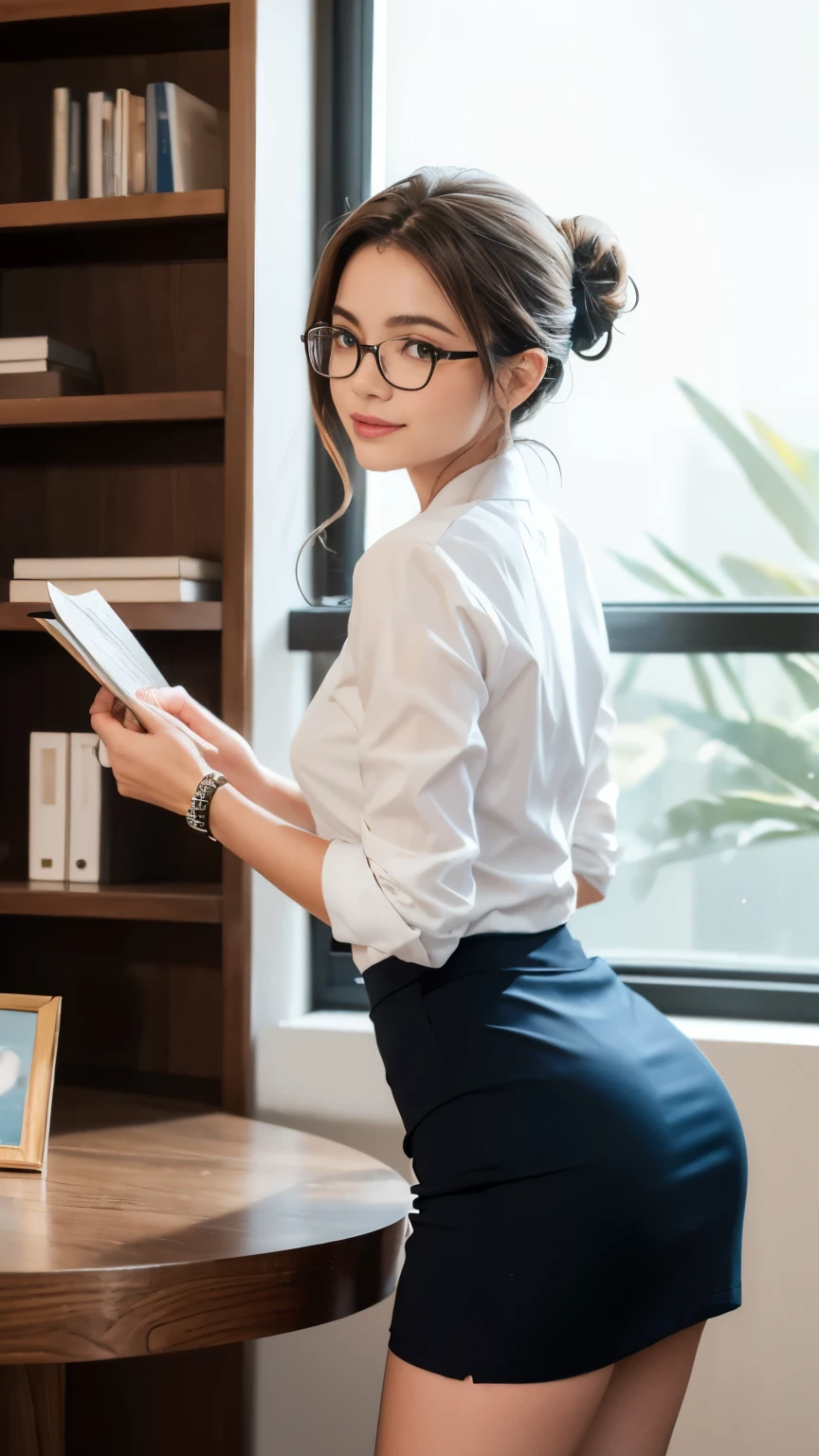 Secretary woman, melhor qualidade, ultra hd 8k, olhos bem detalhados, cabelos bem detalhados, Baton vermelho, brincos, colar, anel, unhas pintadas na cor vermelha, mesa, lindas mulheres maduras、rosto bonito、Mulher de mente forte, Dark blue office suit、cabelos castanhos、(Olhos castanhos)、hair tied up in bun、Olhos subdimensionados、Corpo inteiro como, beige small skirt, soft skirt, sorriso aparente, sem meia, sapato preto, Square glasses, show up a little bit white lace panties, stand up, back to viewer, place ( office, table, shelf books, plants, window, drop water on window, lampshade),hands taking a book from the shelf