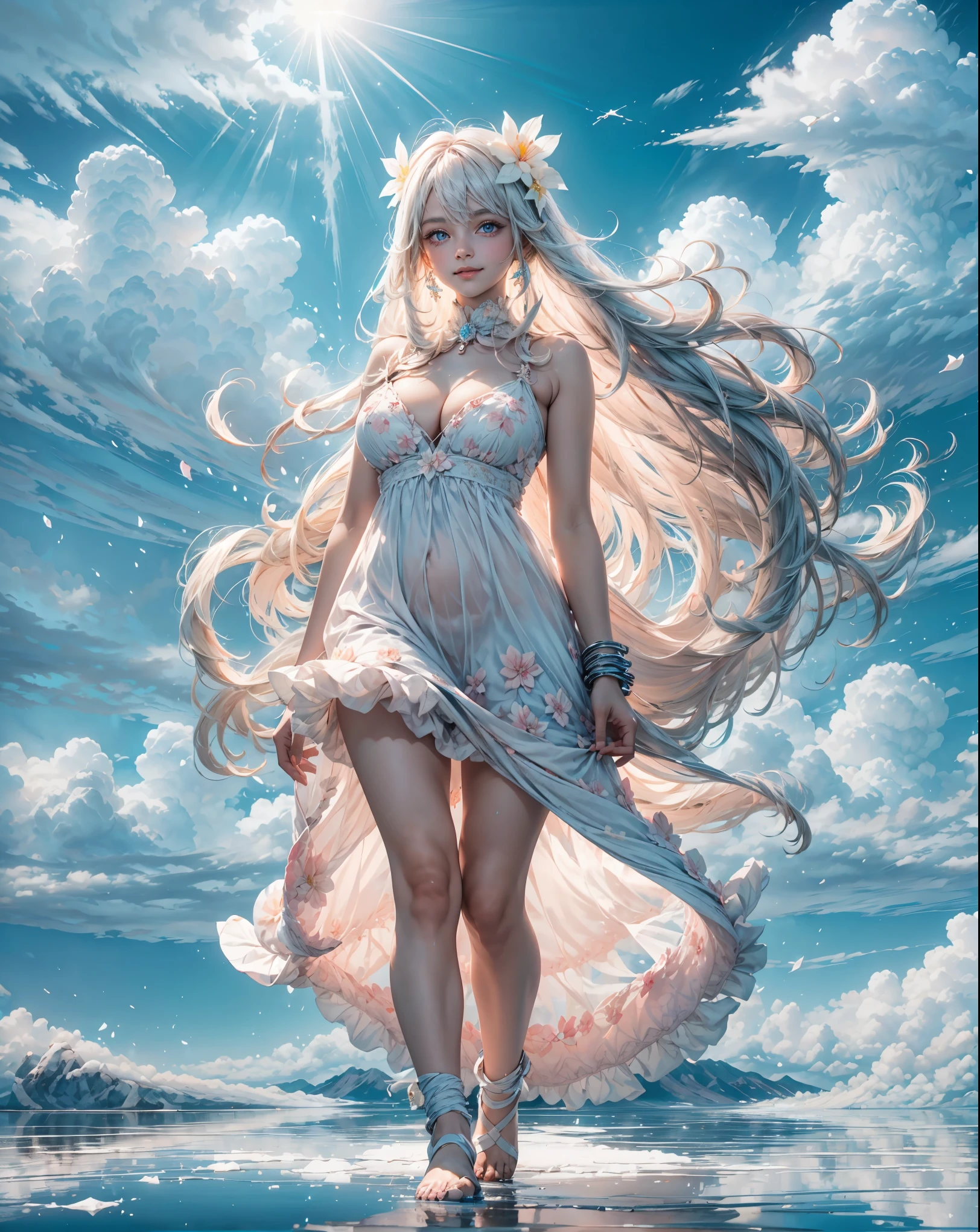 Best quality,Floral hair ornament, indian girl, indian model, smiley face, smile on face, indian goddess, big , cleavage, light blue eyes,Hair fluttering in the wind,smile,large tits,Open chest, white dress, white miniskirt,beauty legs, walking in Uyuni Salt Flat, BoliviaBackground, Bolivia,a large body of water with a sky in the background, at salar de uyuni, pink reflections, light white clouds, white clouds, dramatic white clouds, at the salar de uyuni, white storm clouds, clouds in the sky, prismatic cumulus clouds, stunning light reflections, award winning landscape photo, white cloudy background, white landscape