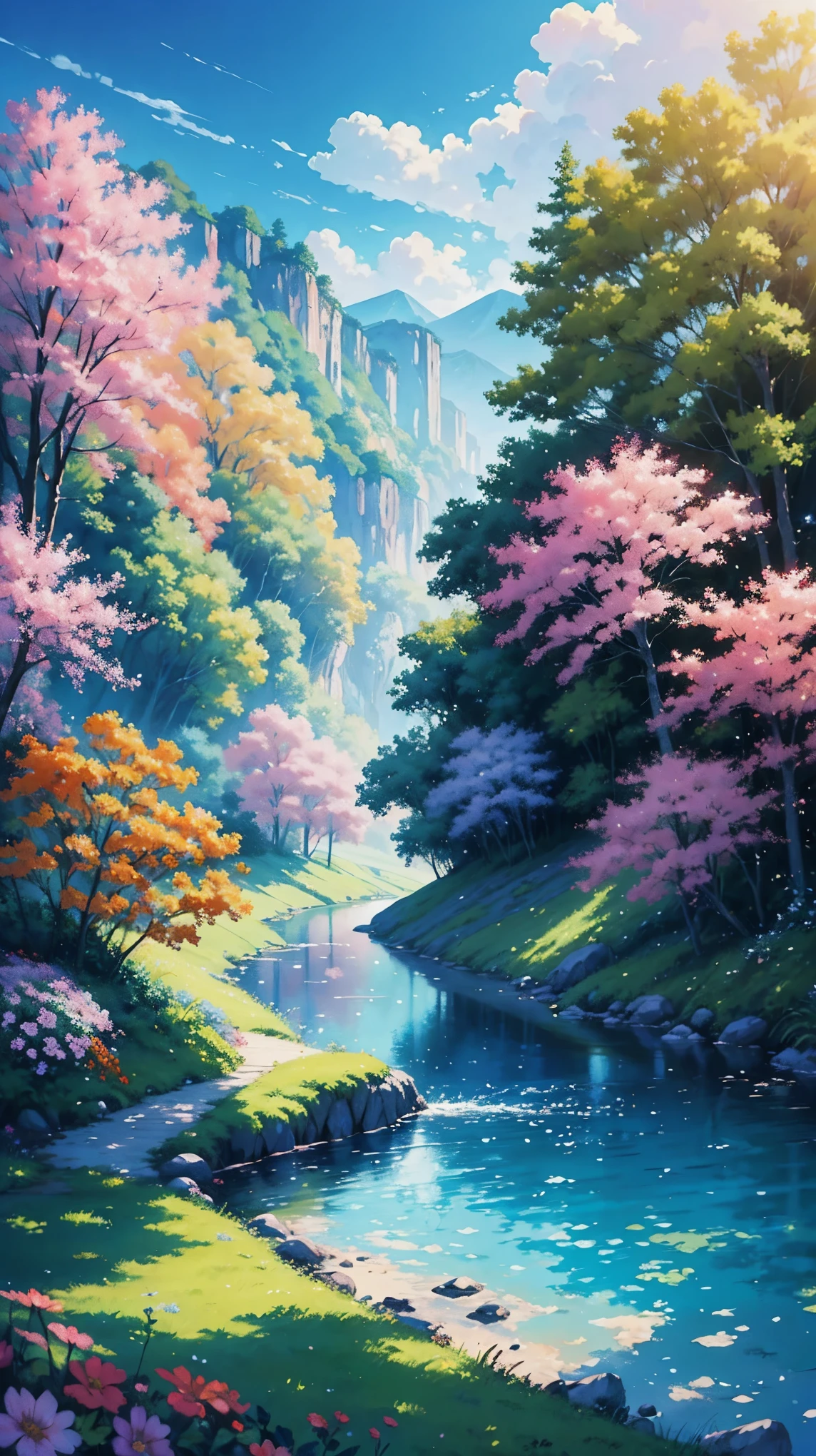There is a painting of a colorful landscape with trees and flowers, vibrant gouache painting scenery, pintura de paisagem colorida, paisagem campestre anime, paisagem brilhante, scenic colorful environment, Jen Bartel, Paisagem do anime, arte de fundo do anime, anime bela cena de paz, scenery art detailed, Arte bonita UHD 4K, beautiful anime scenery, pintura digital colorida, paisagem de sonho, papel de parede de paisagem anime