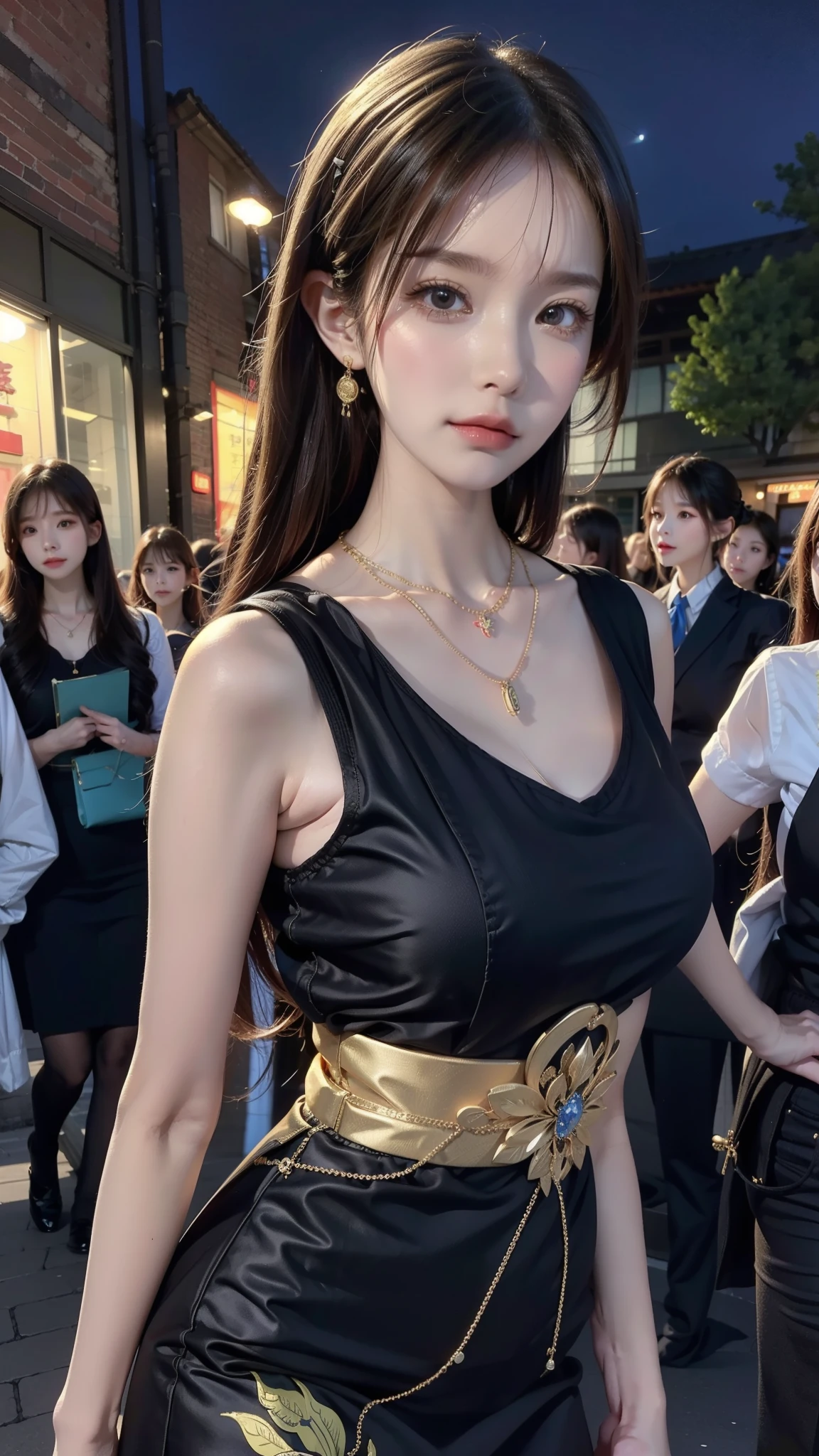 (best quality),[masterpiece],((beautiful:0.75) cute girl:0.75),[Neat and tidy] pixiv (illustration),,necklace,jewelry,looking at the audience,close up,Permanently installed, city observer, street,night sky,whole body, 
Chinese clothes, Chinese dress,