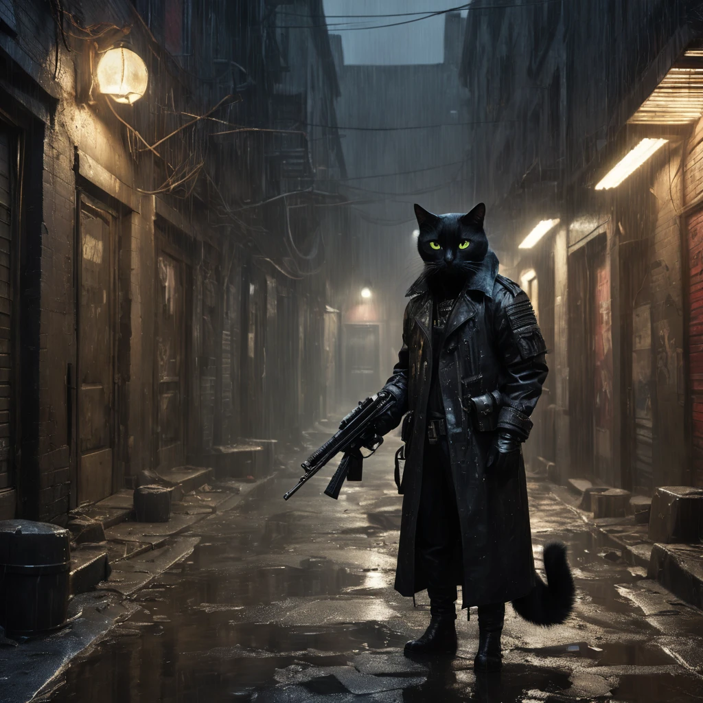 Noir style depiction of a black cat with demonic features and military attire wielding a machine gun, patrolling an abandoned alleyway, cinematic lighting accentuating rain-drenched surroundings and neon-lit ambiance, encased in abstract black oil textures, outfitted with intricate gear mecha, dramatic chiaroscuro effect, photorealistic oil painting essence, reminiscent of the works of Raphael, Caravaggio, Greg Rutkowski, Beeple, Beksinski, and Giger, ultra fine detail.rendered in unreal engine, photorealistic Hyperdetalization. Hyperrealism. Dramatic light