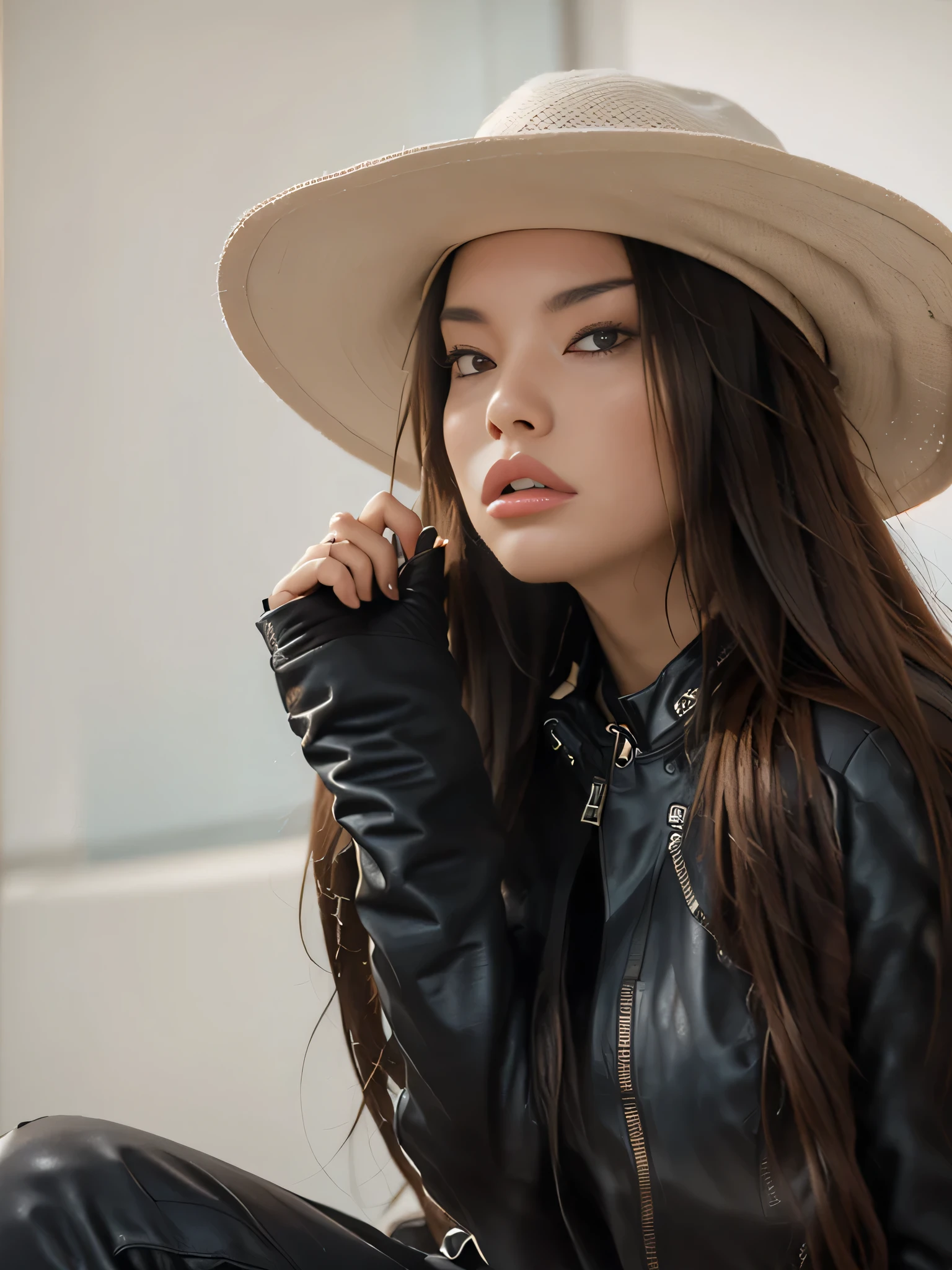 Арафед женщина in Hat и черной рубашке сидит на диване, Portrait of Sophie Mudd, in Hat, she wears a hat, Solo photo shoot, style of Yulia Razumova, Madison beer, Madison beer girl portrait, in a necklace and a cute hat, He nods, in Hat, brown hat, everyday pose
