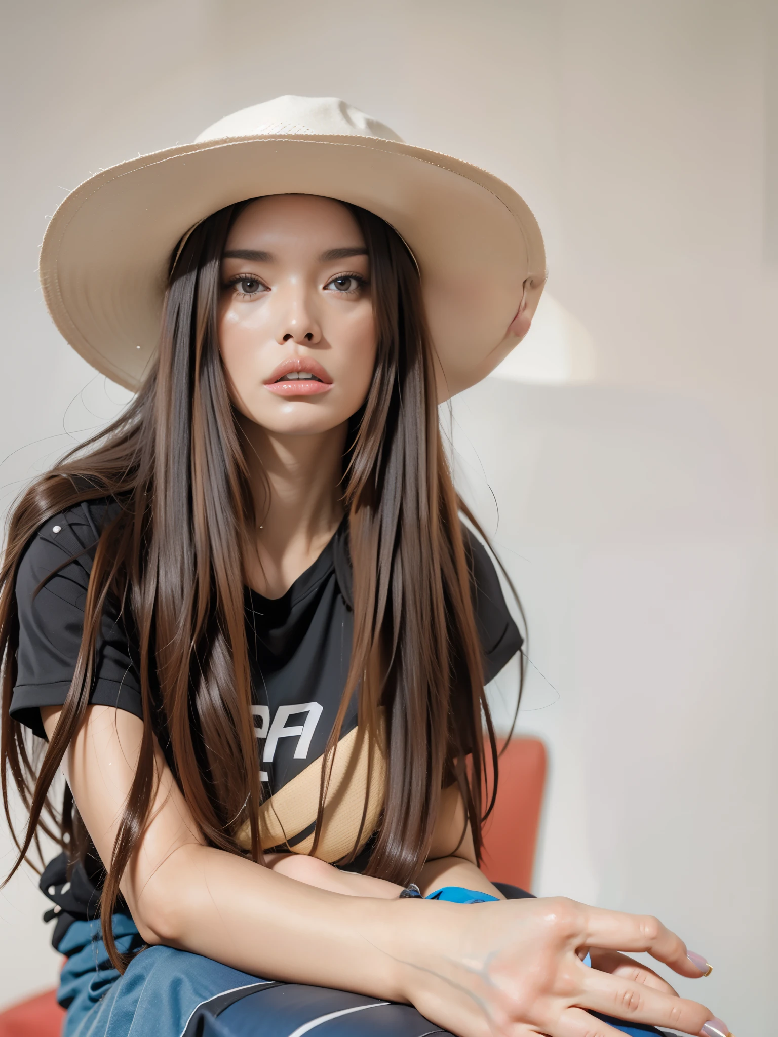 Арафед женщина in Hat и черной рубашке сидит на стуле, Portrait of Sophie Mudd, gorgeous young model, in a choker and a cute hat, He nods, With long hair, young With long hair, Solo photo shoot, in Hat, her hair is long and straight, Bella Poarch, Portrait of a girl with Madison beer, she wears a hat
