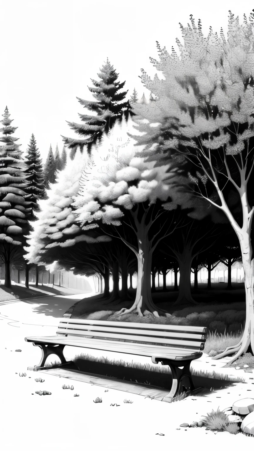 high quality comic of a bench and trees in the background, clean ink detailed line drawing, line - art, extremely fine ink line art, coloring book outline, perfect pen and ink line art, stylized linework, coloring book page, highly detailed linework, published art, very fine inking lines by artist johns sloane 
