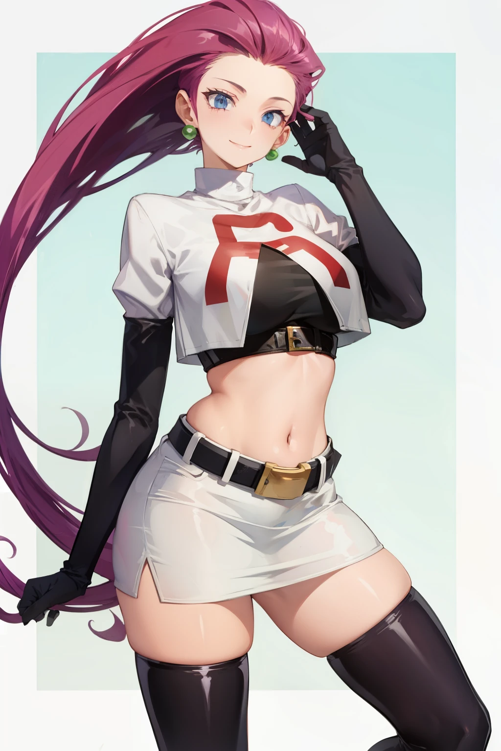 jessie pokemon, solo, team rocket, gloves, hair slicked back, long hair, jewelry, skirt, navel, thighhighs, earrings, elbow gloves, team rocket uniform, crop top, blue eyes, midriff, white background, belt, black gloves, very long hair, simple background, smile, black thighhighs, purple hair, looking at viewer, breasts, white skirt, miniskirt, blushing face, curvy body, large breasts, suggestive face