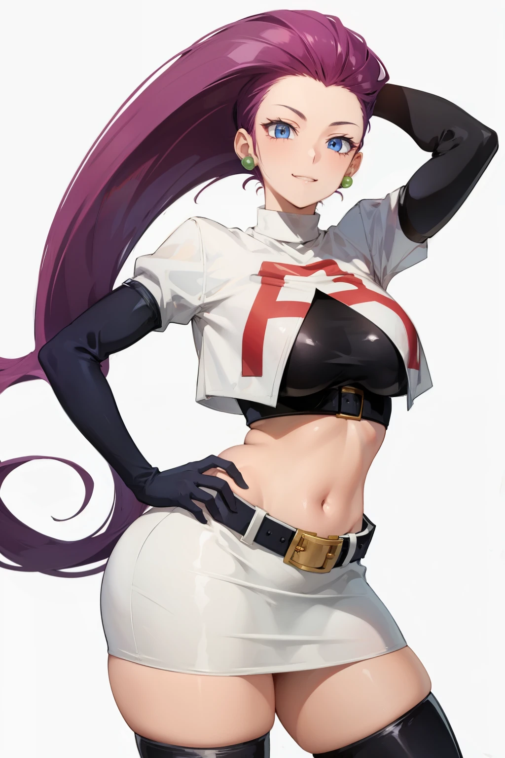 jessie pokemon, solo, team rocket, gloves, hair slicked back, long hair, jewelry, skirt, navel, thighhighs, earrings, elbow gloves, team rocket uniform, crop top, blue eyes, midriff, white background, belt, black gloves, very long hair, simple background, smile, black thighhighs, purple hair, looking at viewer, breasts, white skirt, miniskirt, blushing face, curvy body, wide hips, face covered in cum, face dripping with cum