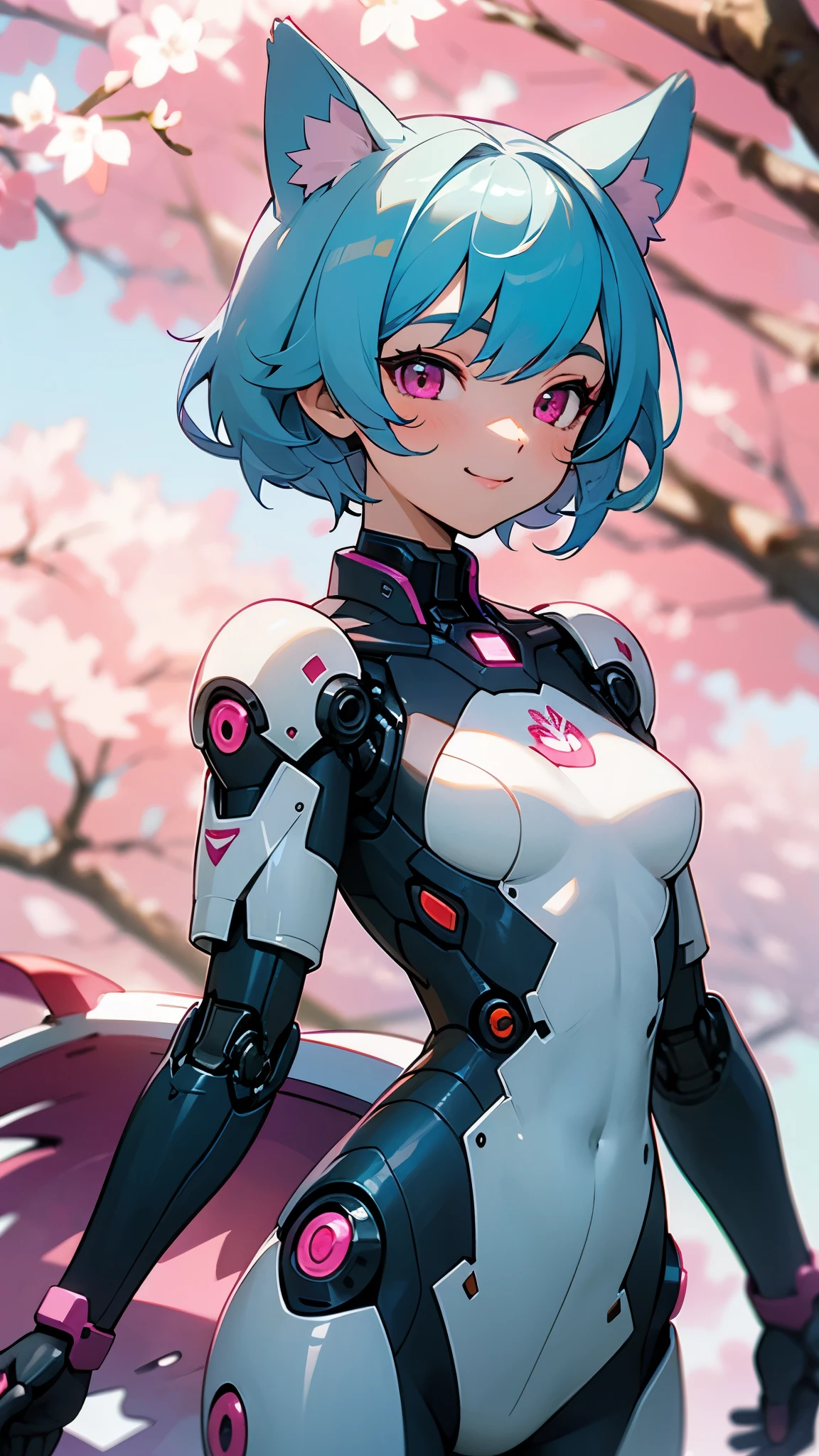 (highest quality、Extra fine)、Genki Girl、small breasts、Bodysuits that fit the body、cybernetic body parts、light blue hair、dog ears、pink eyes、From the side、gloves、bright smile、stand in front of a cherry tree、upper body close-up、cherry blossom park、sharp outline