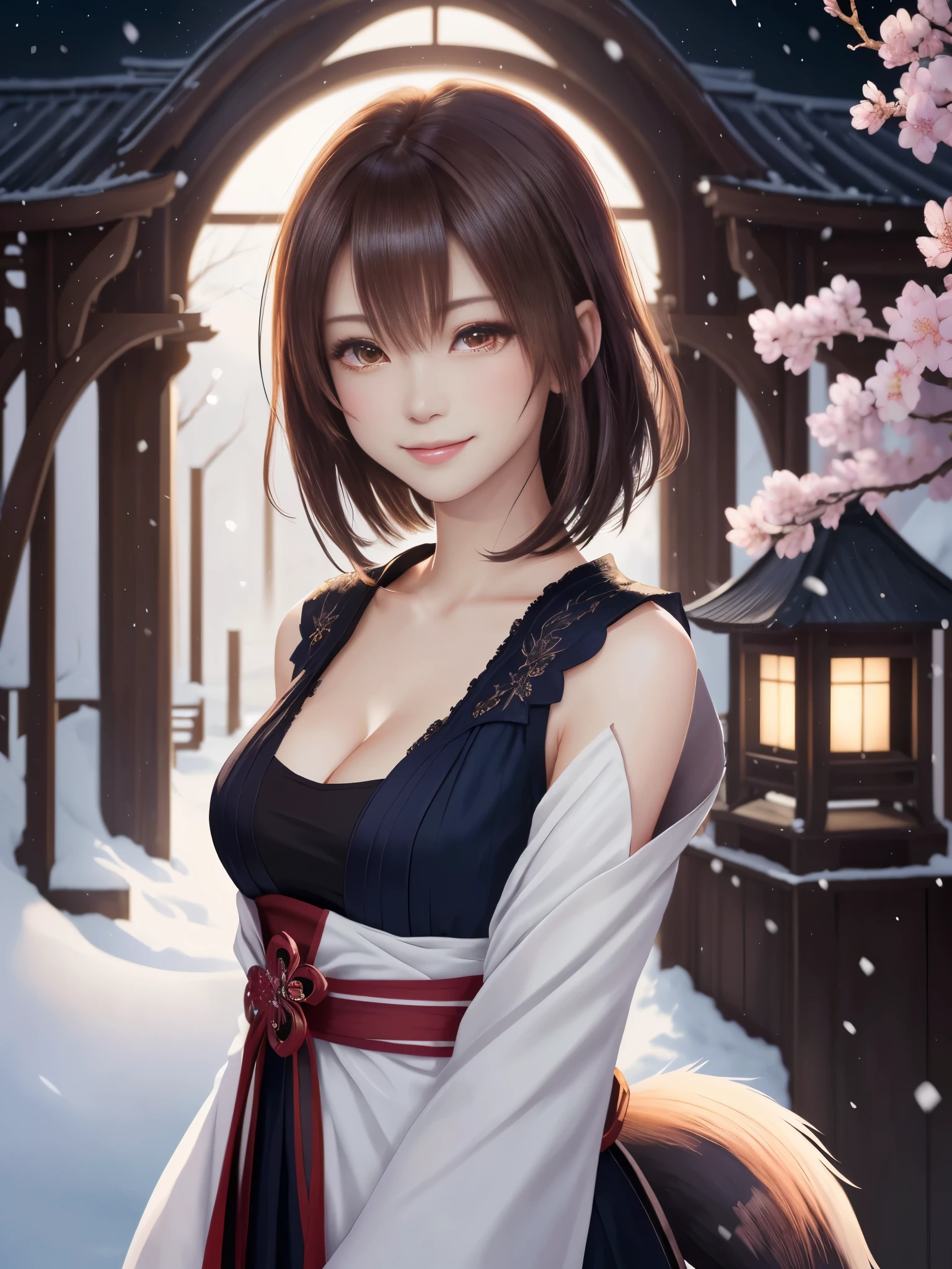 masterpiece , best quality,smile,smile,small face,the whole body is facing forward,shoulder exposure,cleavage exposure,bright brown hair,slender body shape,brown eyes,sharp contrast,short hair,美しいフォルムのshort hair,just one person,precision quality,Faithfully reproduced eyes, 一面に咲くcherry blossom background,snow scene,masterpiece, 幻想的なcherry blossom background,night,nightの背景,cherry blossom background,beautiful details, colorful, delicate details, delicate lips, intricate details, genuine, ultrargenuineista, 枝に座っている色とりどりの髪のFoxを持つ女の子:Mature, bright eyes, ,色とりどりのFox, raposa de nine tails, 三尾Fox, 三尾Fox, onmyoji detail art, beautiful fine art illustration, mythical creatures, Fox, beautiful digital art,shrine maiden,hold hands,exquisite digital illustration, mizutsune, Inspired by mythical wild web creatures, pixiv in digital art, shining light, high contrast, Mysterious,