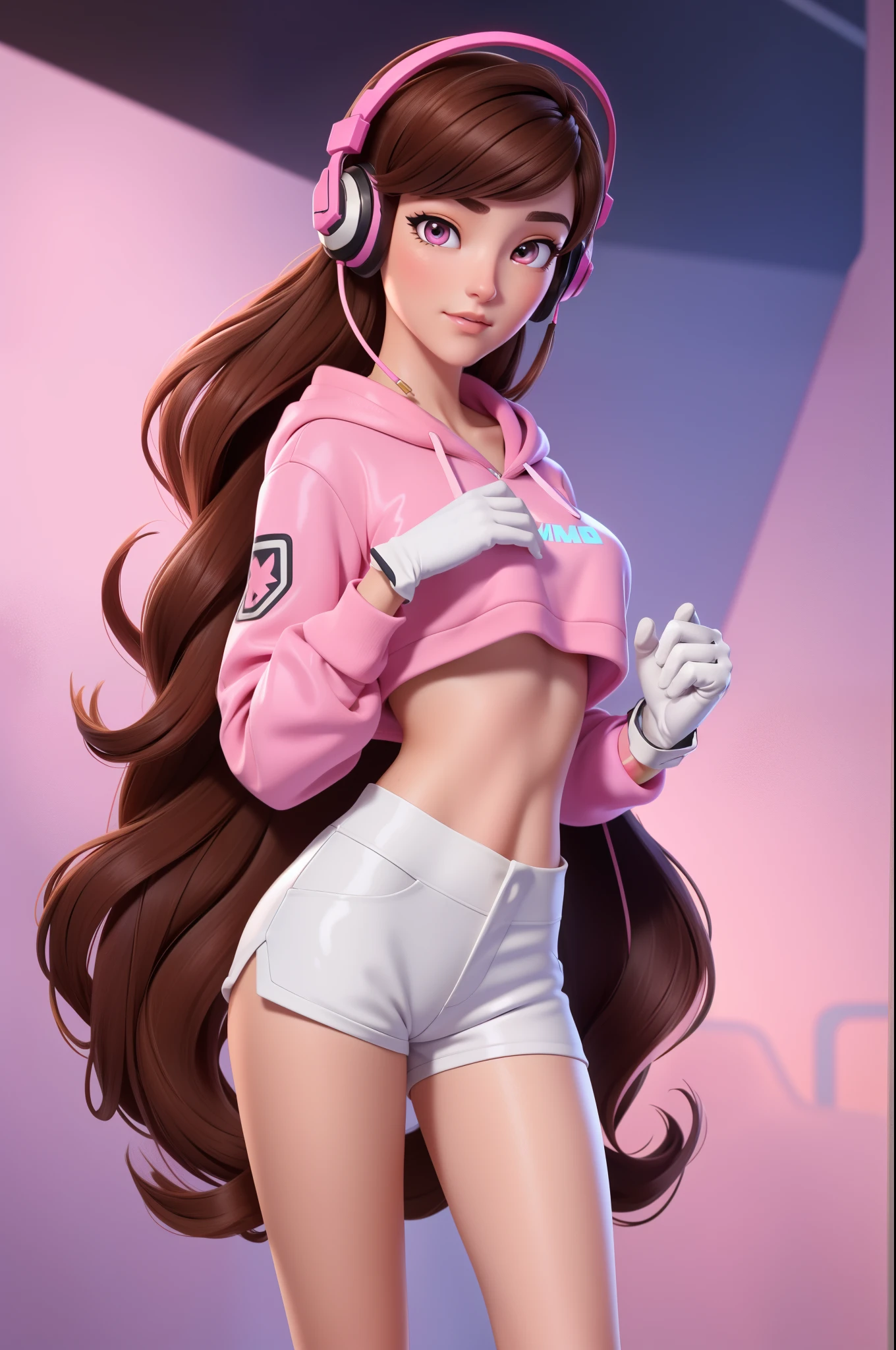 Masterpiece, Best Quality, High Resolution, 1Girl, Ultra High Resolution, Solo D.VA, Headphones, Pink eyes, Brown Hair, White Gloves, Face Decoration, Full Body Shot, Cute, Realistic, Cute Pose, Perfect Body, Cyber Punk background, wet street, Crop Top Hoodie, Latex Short Shorts