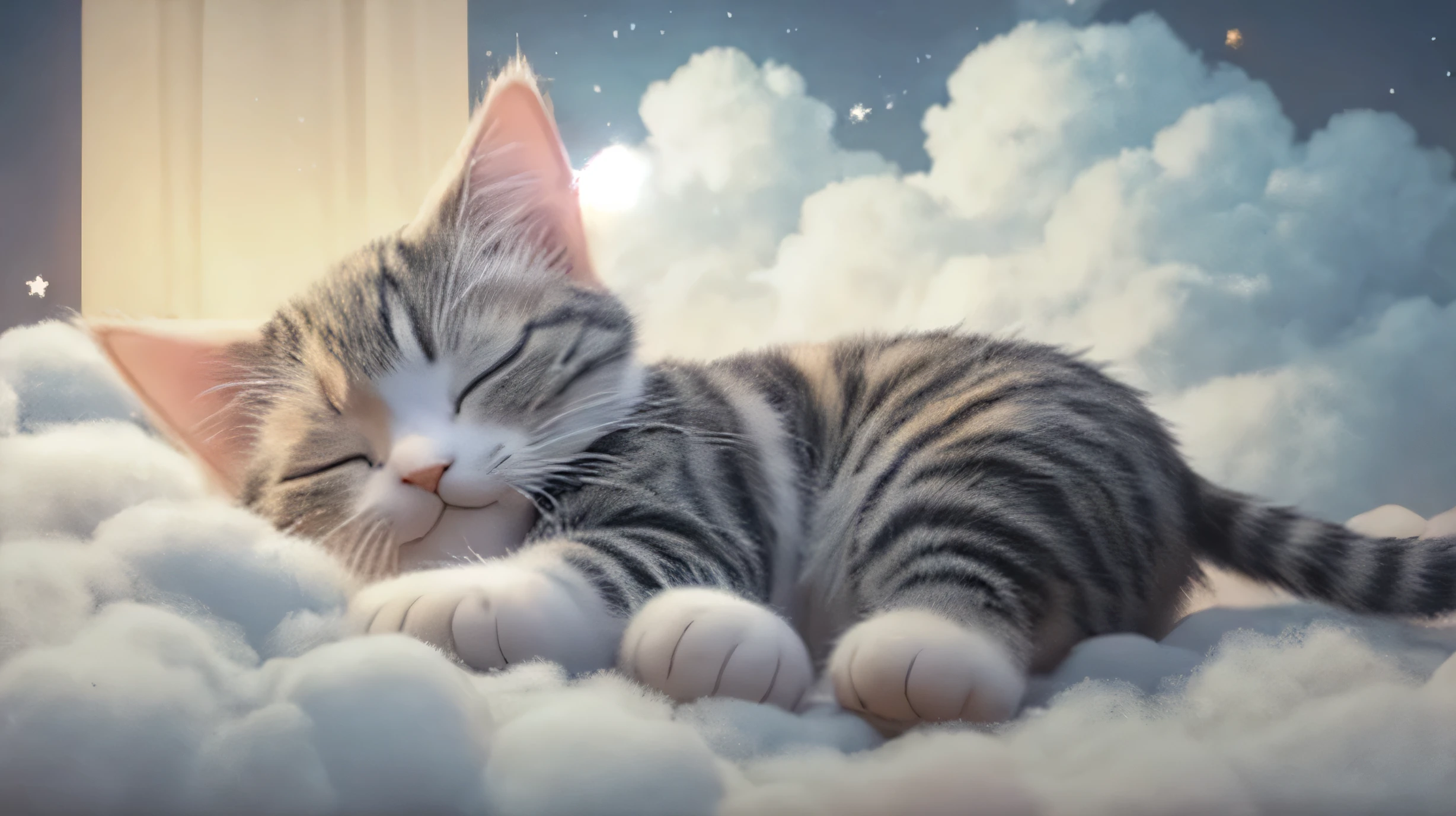 There is a cat lying on the cloud,eyes are closed,Appears everywhere in the body, Anime visual of a cute cat, cute numbers, Lovely and detailed digital art, cute numbers艺术, Popular topics on cgstation, anime cat, cat dream cat, cat dream cat, Sweet dream, kawaii cat, Fantasy illustration, Lovely 3D rendering, Dream Night, animation style rendering, cat sleeping