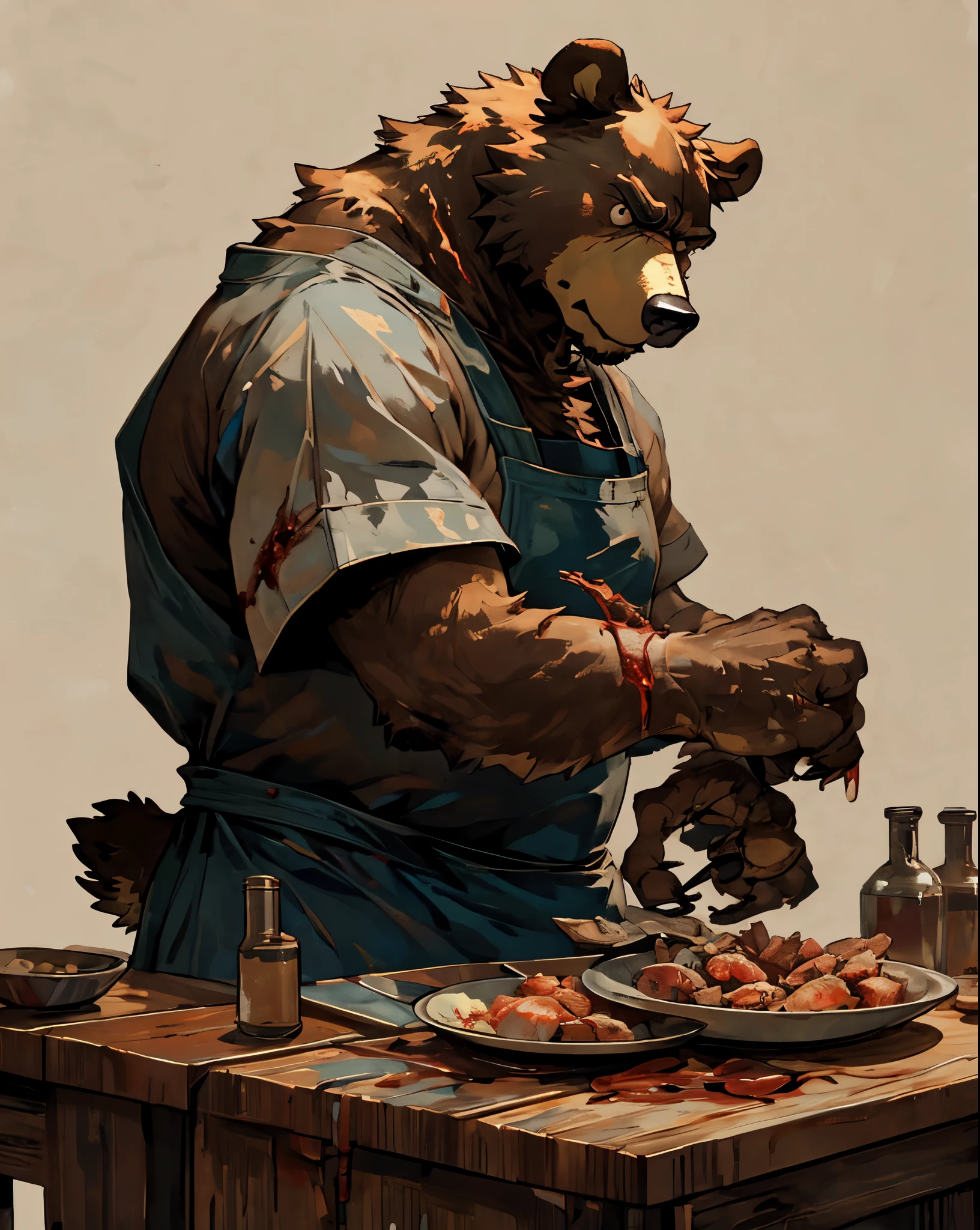 Bear，furry，masterpiece，best quality，strong body，abdomen，Gloomy expression，wearing a butcher&#39;s apron，Holding a bloody butcher knife，simple background，Soft light and shadow，Bloody kitchen，stumps on table，The characters are anime style