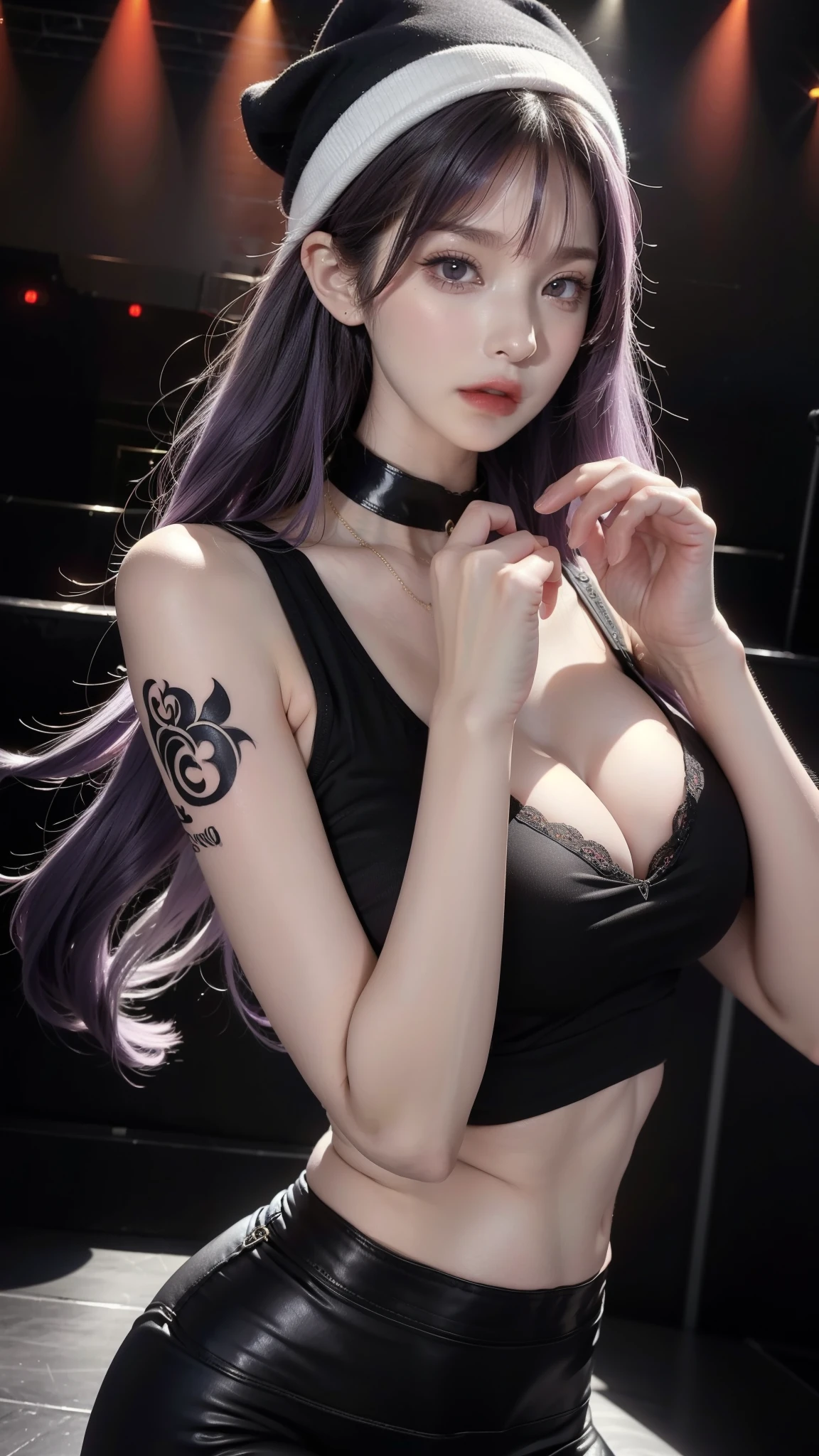 "20 years old with big breasts, Wear a black vest and a white beanie. She has long light purple hair,Have bangs, red eyes, and glasses. Tattoo covers entire hand, She is wearing a choker,Sing on a music stage with a metal atmosphere."