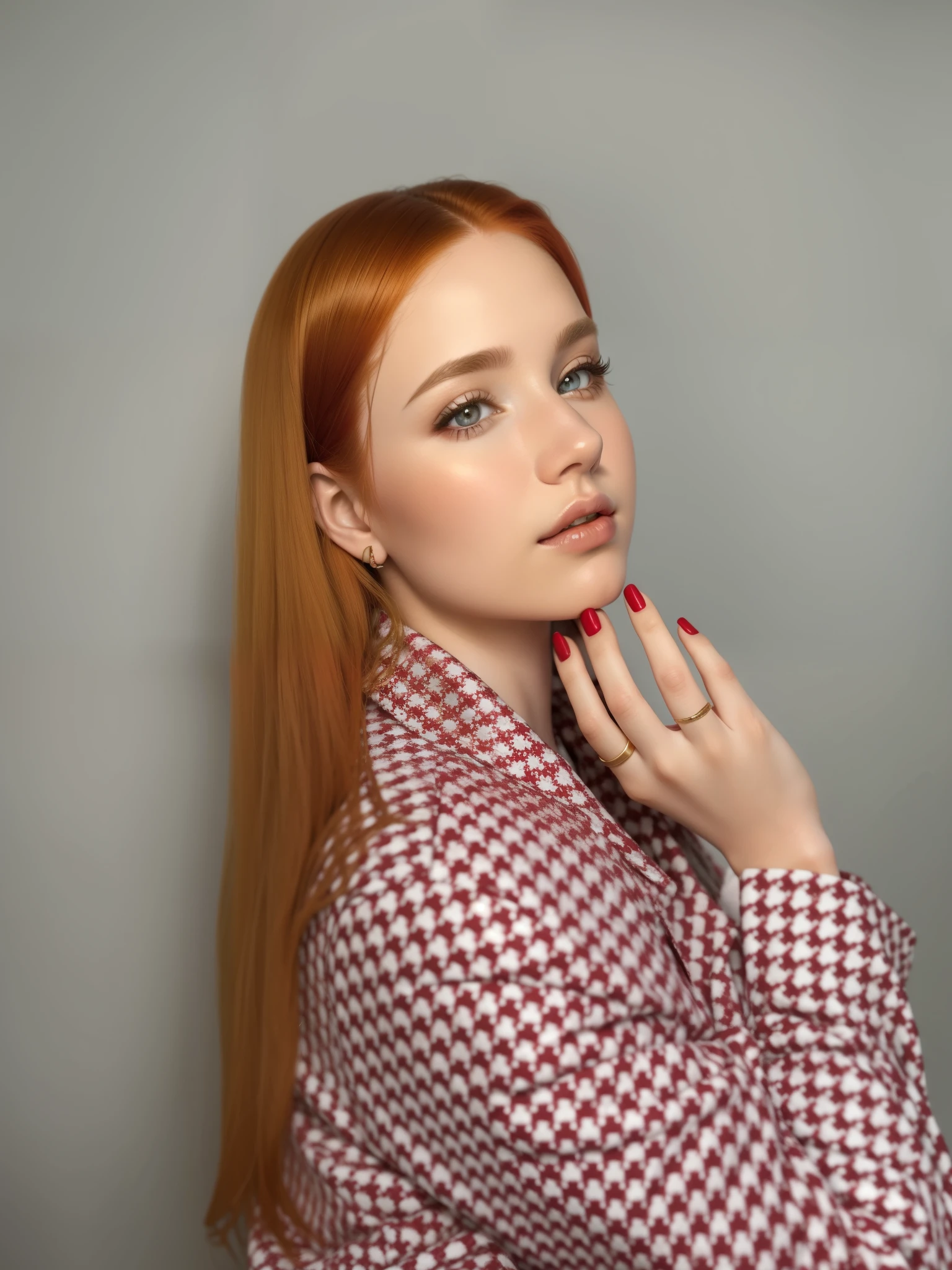 Porter girls, Girl with golden hair, Red hair, Aesthetic photo, realism, Beautiful eyes, tender look, red nails, professional photo, in a jacket, smooth clean hair,