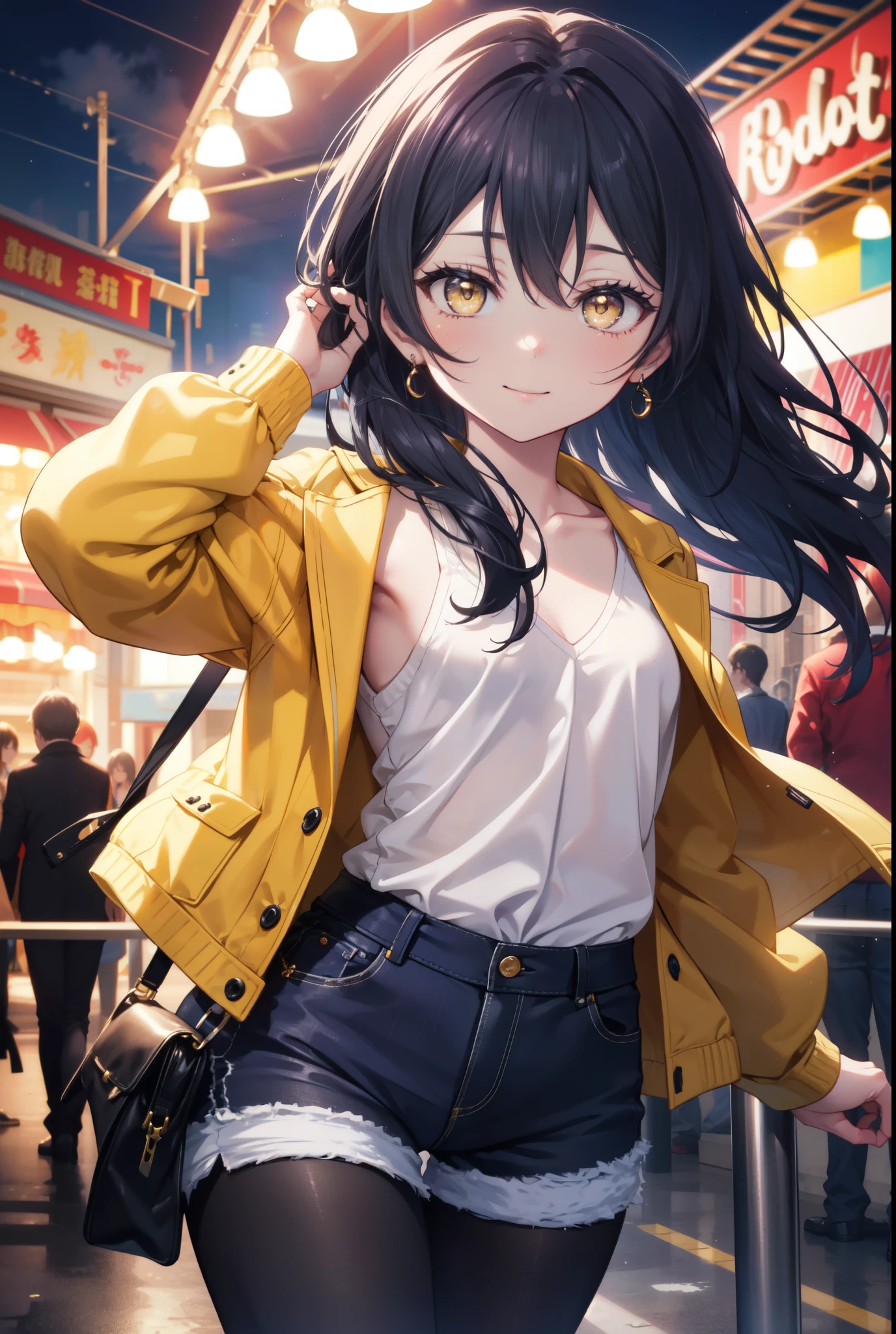Kamisonoda, Umi Sonoda, long hair, blue hair, (yellow eyes:1.5) (flat chest:1.2),brown jacket、white shirt、black denim shorts、short boots,((black pantyhose))、naughty pose、big smile、amusement park、観覧車
break looking at viewer,
break outdoors, amusement park,
break (masterpiece:1.2), highest quality, High resolution, unity 8k wallpaper, (figure:0.8), (detailed and beautiful eyes:1.6), highly detailed face, perfect lighting, Very detailed CG, (perfect hands, perfect anatomy),