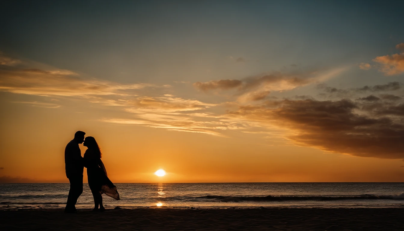 Black Silhouette of romantic couple making love on the beach, man and BBW , (thin guy and fat woman having , curvy, perfect profile, y, shooting stars, Glow effects，Heart-shaped bubbles, night sunset，romance，super-fine，16K resolution，high qulity，movie lighting，High picture detail，dynamic viewing angle，Epic shooting，oc rendered, deep love, shimmering, splashing, beautiful masterpiece, UHD, bioluminescence, iridescent, steamy, misty, flowing, wet, creamy
