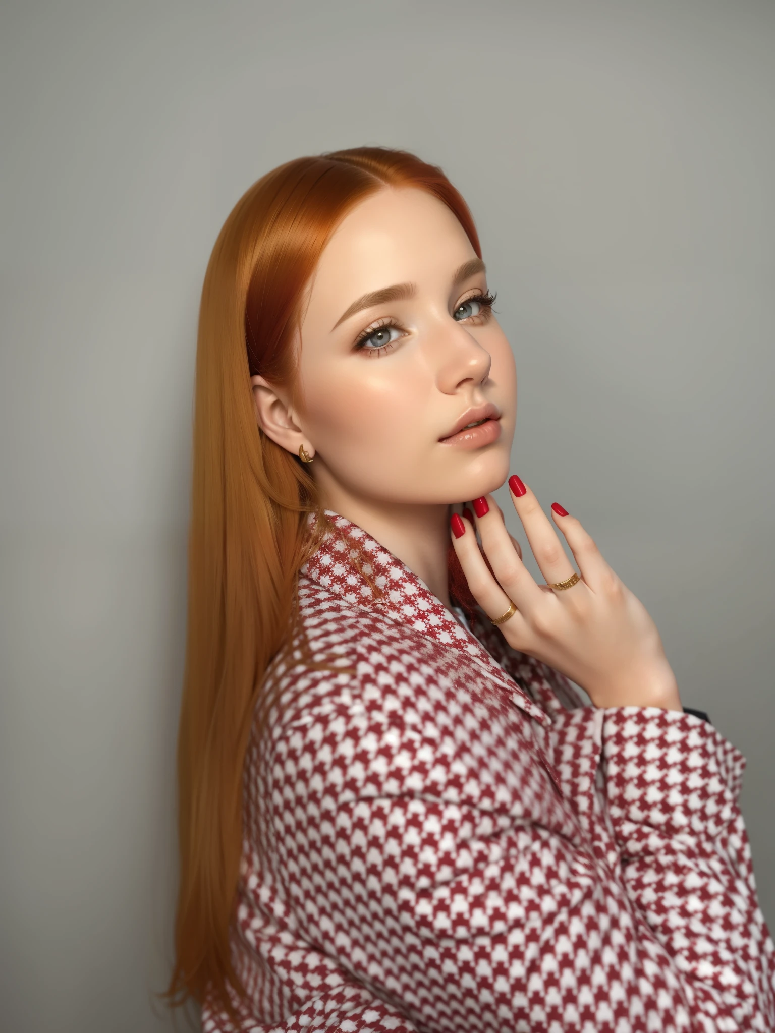 Porter girls, Girl with golden hair, Red hair, Aesthetic photo, realism, Beautiful eyes, tender look, red nails, professional photo, in a jacket, smooth clean hair, 