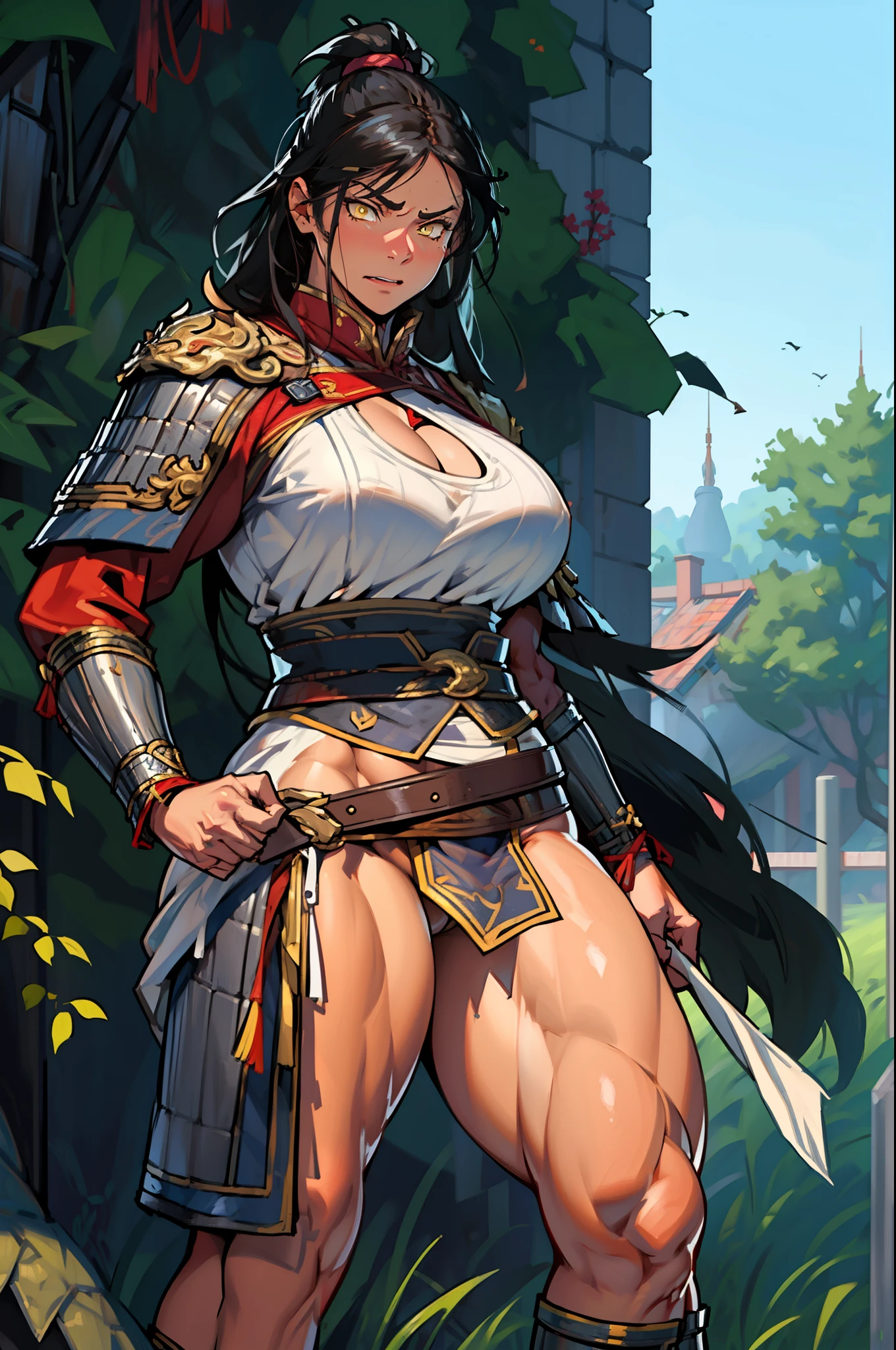 (high resolution, pixel perfect, gorgeous illustrations), (hyper quality, muste piece, etheric: 1.4), (1girl), ((nsfw)), ((fighting stance)),
 yellow eyes, ((((anger)))), (((((((muscular))))))), ((thick thighs)), (((wide hips))), ((Big breasts that are about to burst)), fighter, (((woman))), ((mature woman)), (((wh_chi_armor))), ((gstring)), (lewd woman), (shiny skin), (((facial lash))), ((ahg)),
