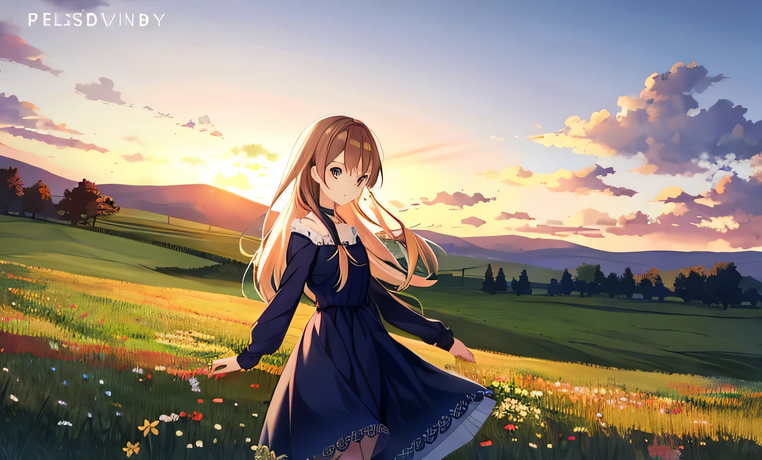 grassland,dress, 1 girl, sunset