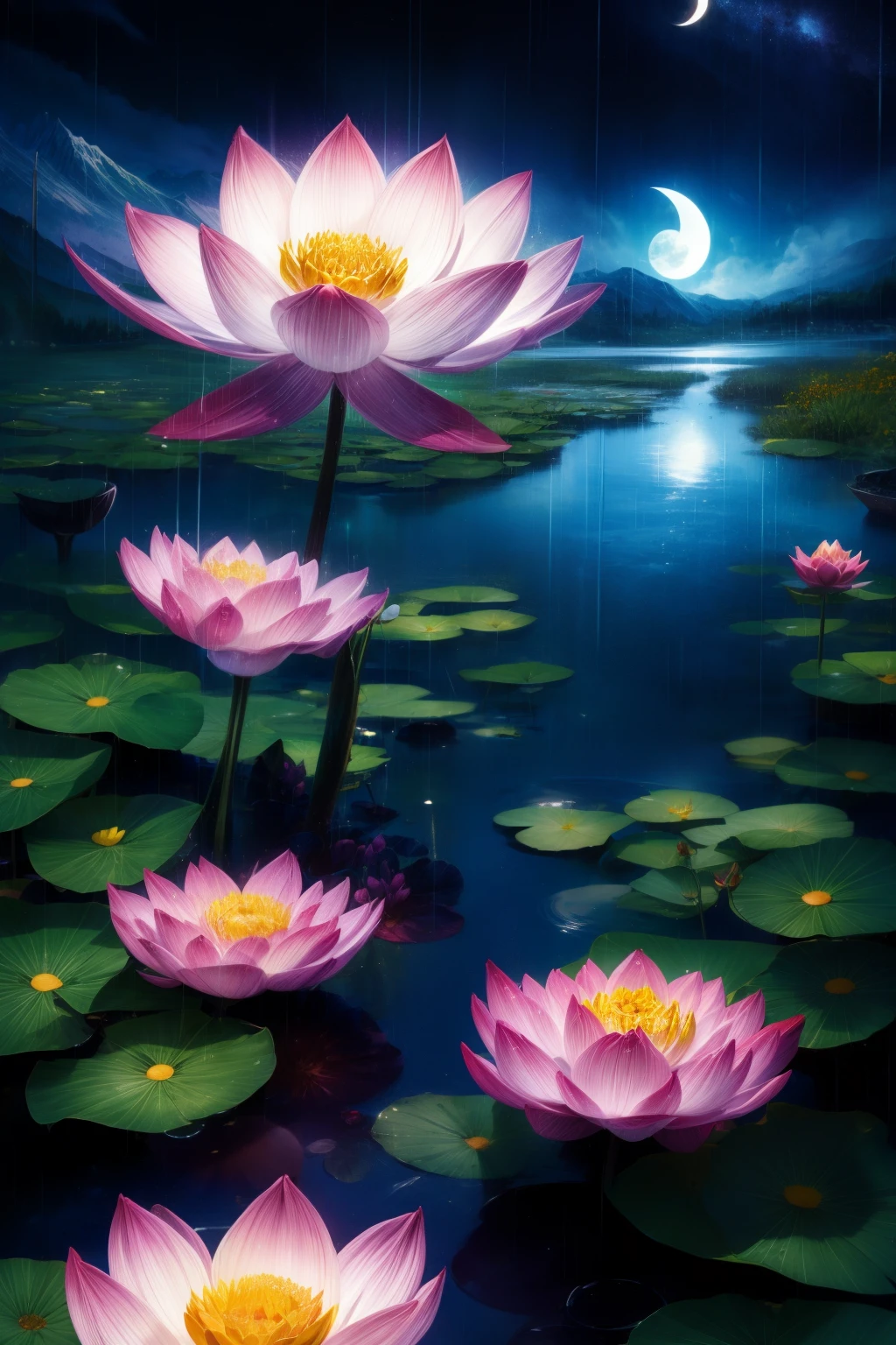 night, Only moonlight illuminates, Meniscus, distant mountain, beautiful big lotus nearby, big red lotus, There is a water supply next door, frog, summer is full of joy, The crescent moon and the stars in the sky mix together, awesome wallpaper, 雨が降るnight, 雨のnight, beautiful and beautiful, cinematic light, high details ((It rained heavily))), 8k