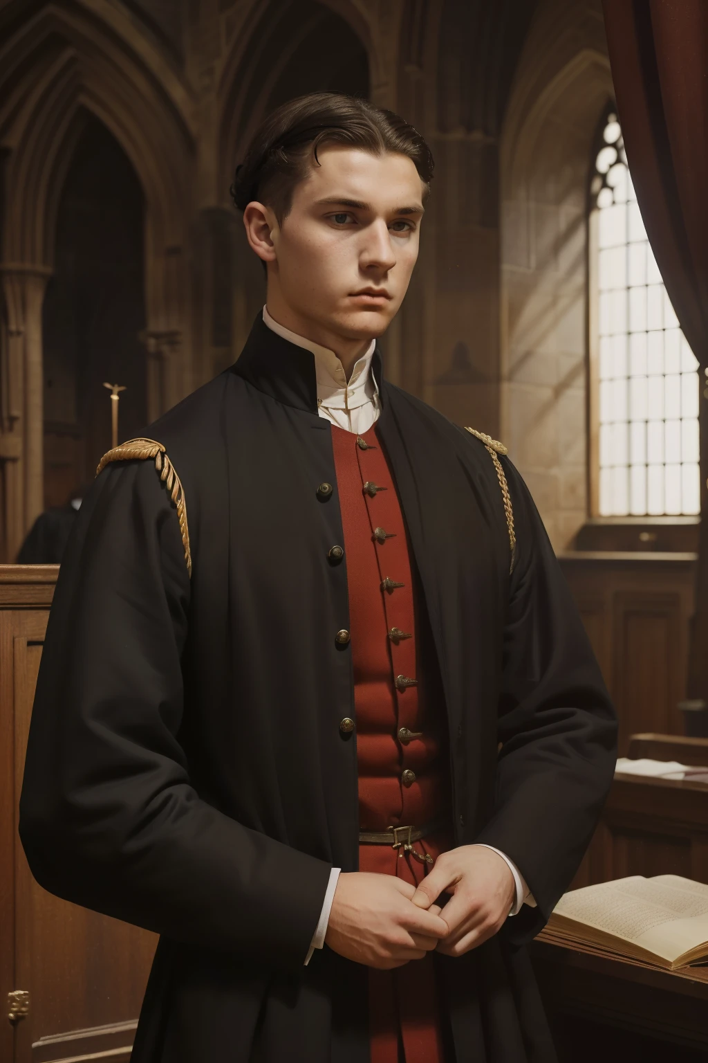 England, 1327. A young ((((22-year-old)) Ralph Fitzgerald)), intense eyes, ambitious, tall, athletic, being judged in a trial, defendant, ((((nerves and panic expression)))). ((((clothings from the 1300s)))), ((dark hairstyle of the 1300s))