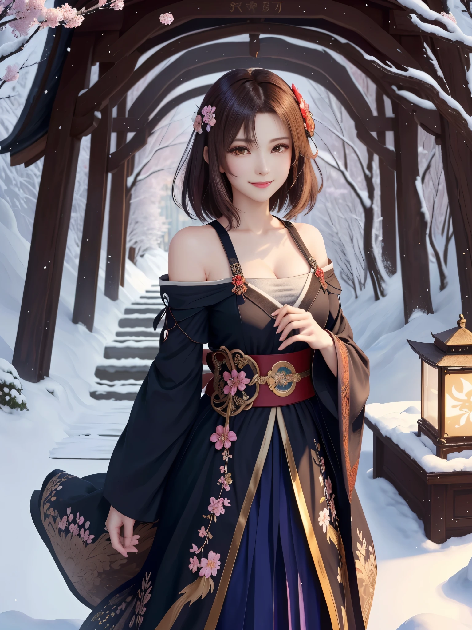 masterpiece , best quality,smile,smile,small face,the whole body is facing forward,shoulder exposure,cleavage exposure,bright brown hair,slender body shape,brown eyes,sharp contrast,short hair,美しいフォルムのshort hair,just one person,precision quality,Faithfully reproduced eyes, 一面に咲くcherry blossom background,snow scene,masterpiece, 幻想的なcherry blossom background,night,nightの背景,cherry blossom background,beautiful details, colorful, delicate details, delicate lips, intricate details, genuine, ultrargenuineista, 枝に座っている色とりどりの髪のFoxを持つ女の子:Mature, bright eyes, ,色とりどりのFox, raposa de nine tails, 三尾Fox, 三尾Fox, onmyoji detail art, beautiful fine art illustration, mythical creatures, Fox, beautiful digital art,shrine maiden,hold hands,exquisite digital illustration, mizutsune, Inspired by mythical wild web creatures, pixiv in digital art, shining light, high contrast, Mysterious,