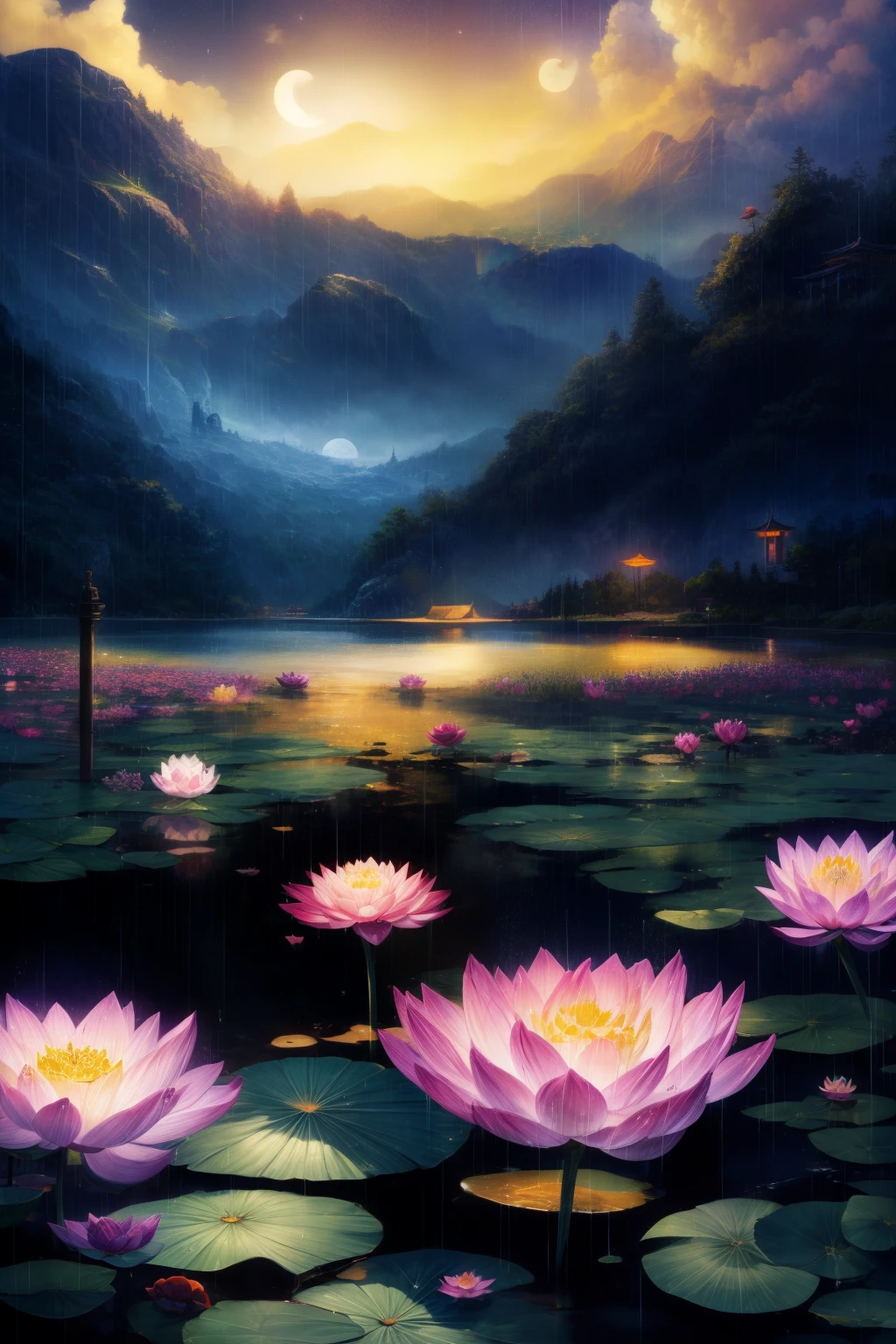 night, Only moonlight illuminates, Meniscus, distant mountain, beautiful big lotus nearby, big red lotus, There is a water supply next door, frog, summer is full of joy, The crescent moon and the stars in the sky mix together, awesome wallpaper, 雨が降るnight, 雨のnight, beautiful and beautiful, cinematic light, high details ((It rained heavily))), 8k