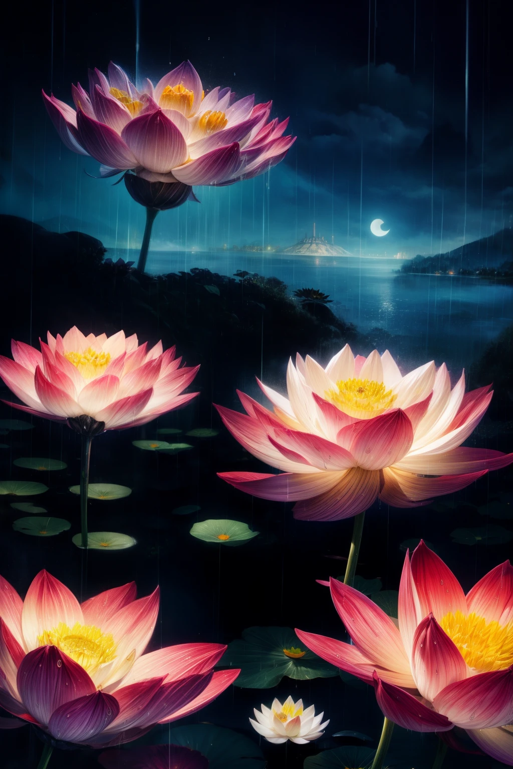 night, Only moonlight illuminates, Meniscus, distant mountain, beautiful big lotus nearby, big red lotus, There is a water supply next door, frog, summer is full of joy, The crescent moon and the stars in the sky mix together, awesome wallpaper, 雨が降るnight, 雨のnight, beautiful and beautiful, cinematic light, high details ((It rained heavily))), 8k
