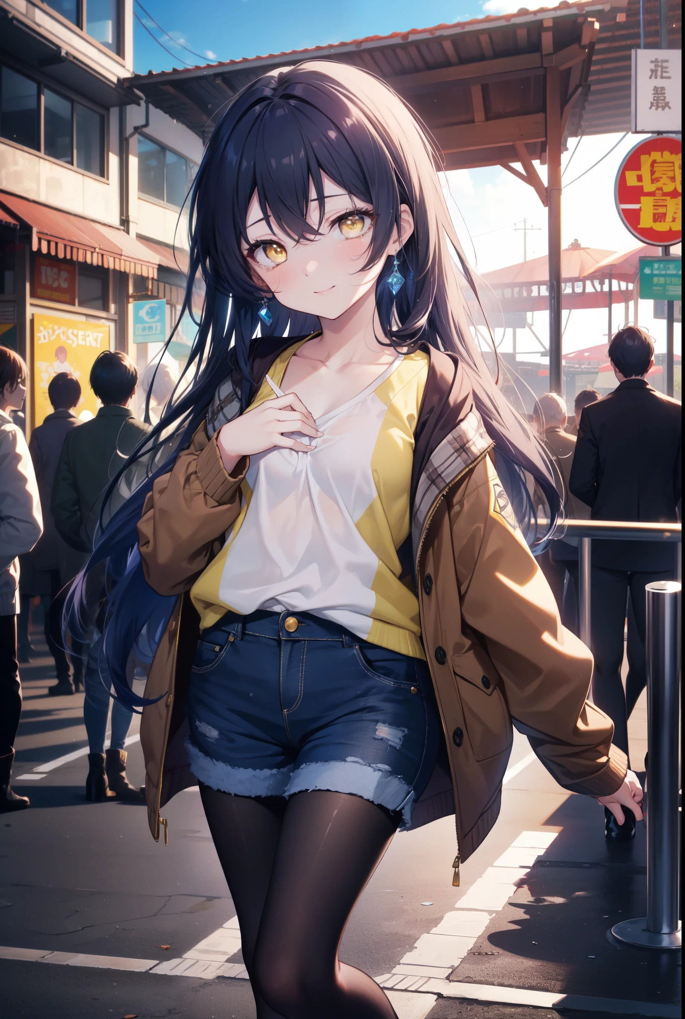 Kamisonoda, Umi Sonoda, long hair, blue hair, (yellow eyes:1.5) (flat chest:1.2),brown jacket、white shirt、black denim shorts、short boots,((brown pantyhose))、naughty pose、big smile、amusement park、観覧車
break looking at viewer,
break outdoors, amusement park,
break (masterpiece:1.2), highest quality, High resolution, unity 8k wallpaper, (figure:0.8), (detailed and beautiful eyes:1.6), highly detailed face, perfect lighting, Very detailed CG, (perfect hands, perfect anatomy),