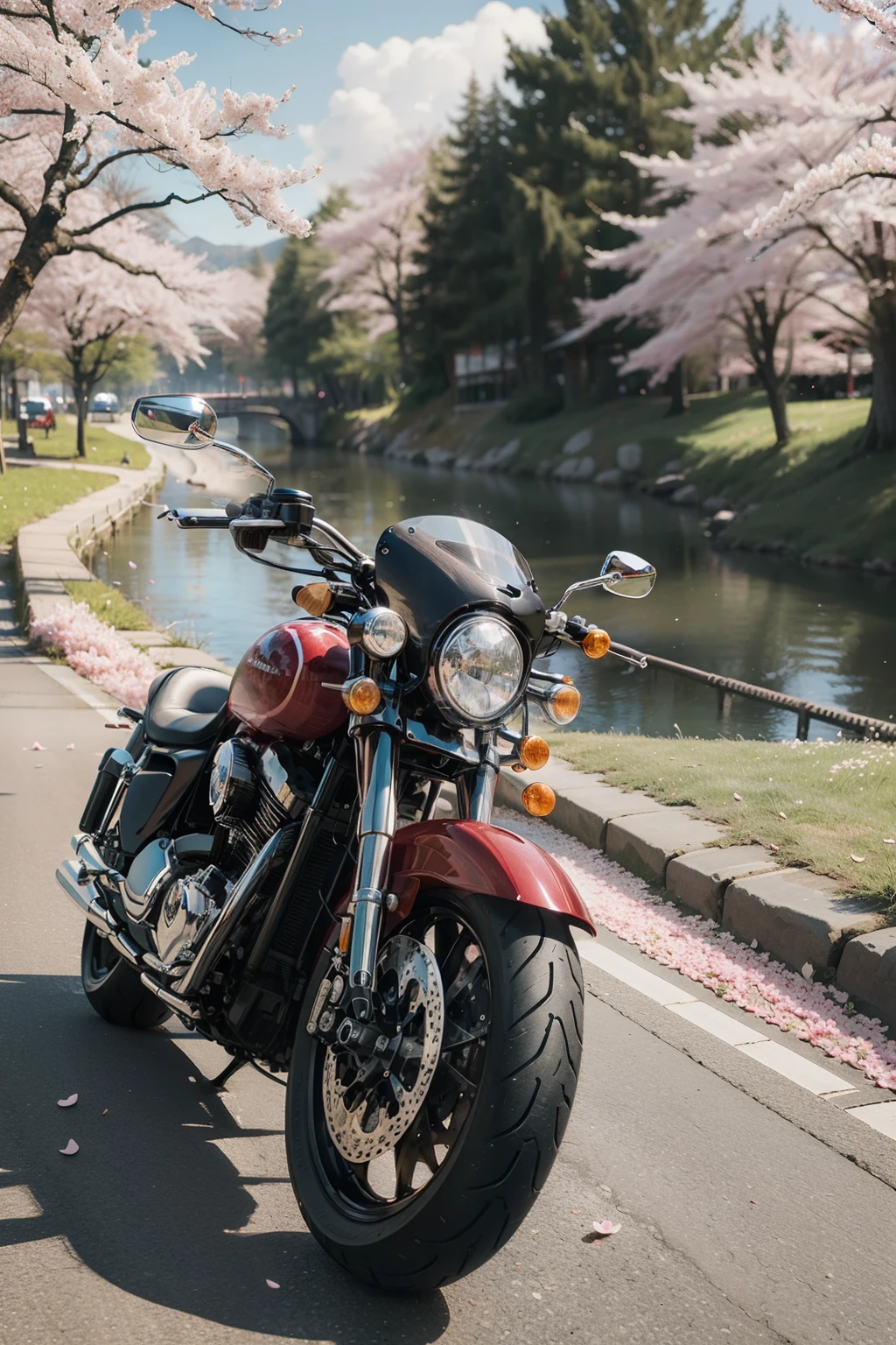 ((best quality)), ((masterpiece)), (detailed)(8K HD),spring,Japan,on the road by the river bank,cherry blossoms in bloom,Sakura petals are flying in the air,Sunlight,unmanned,Two motorcycles parked under the cherry blossom trees,They are Honda motorcycles and Harley-Davidson motorcycles,close shot,Realistic,detail,Beautiful(size:14*625 pixels)