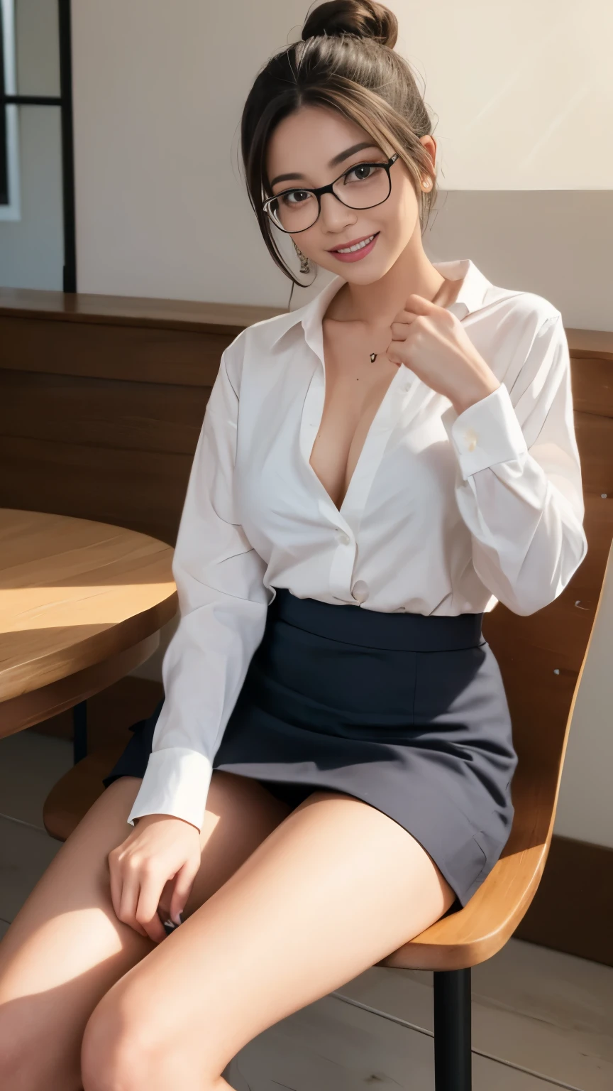 (1 female), beautiful, wonderful face and eyes, compensate, (very detailedbeautiful顔), enchanting smile, (highest quality:1.4), (super detailed), (very detailed CG 統合 8k 壁紙), very detailed, RAW photo, professional photography, (suit, mini skirt:1.2), (Business shirt with wide open chest), (spread your legs), (view from below:1.2)