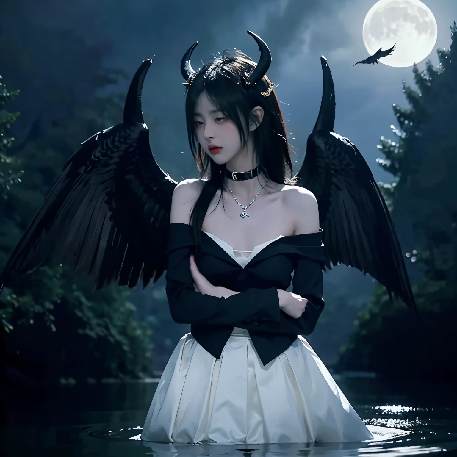 Bondage, tied up,satanic necklace,choker, black suit, suit with tie, black veil, satanic earing,standing in the lake with moon in the sky, angel, wings, White wings, holy girl, horns, lucifer, bdsm