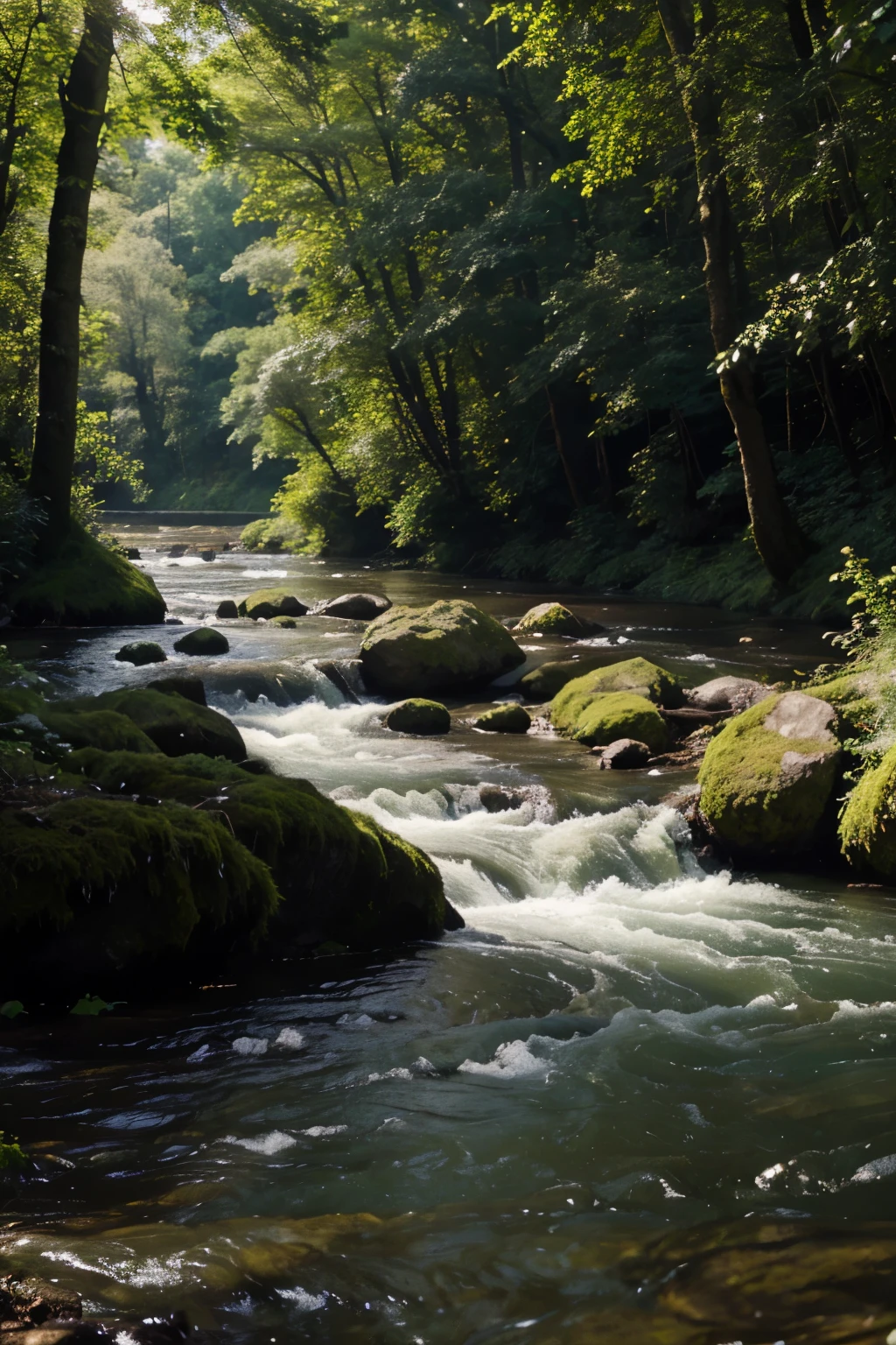 bright green flourished forest with a river flowing calmly, photo realistic, cinematic, focus on the river
