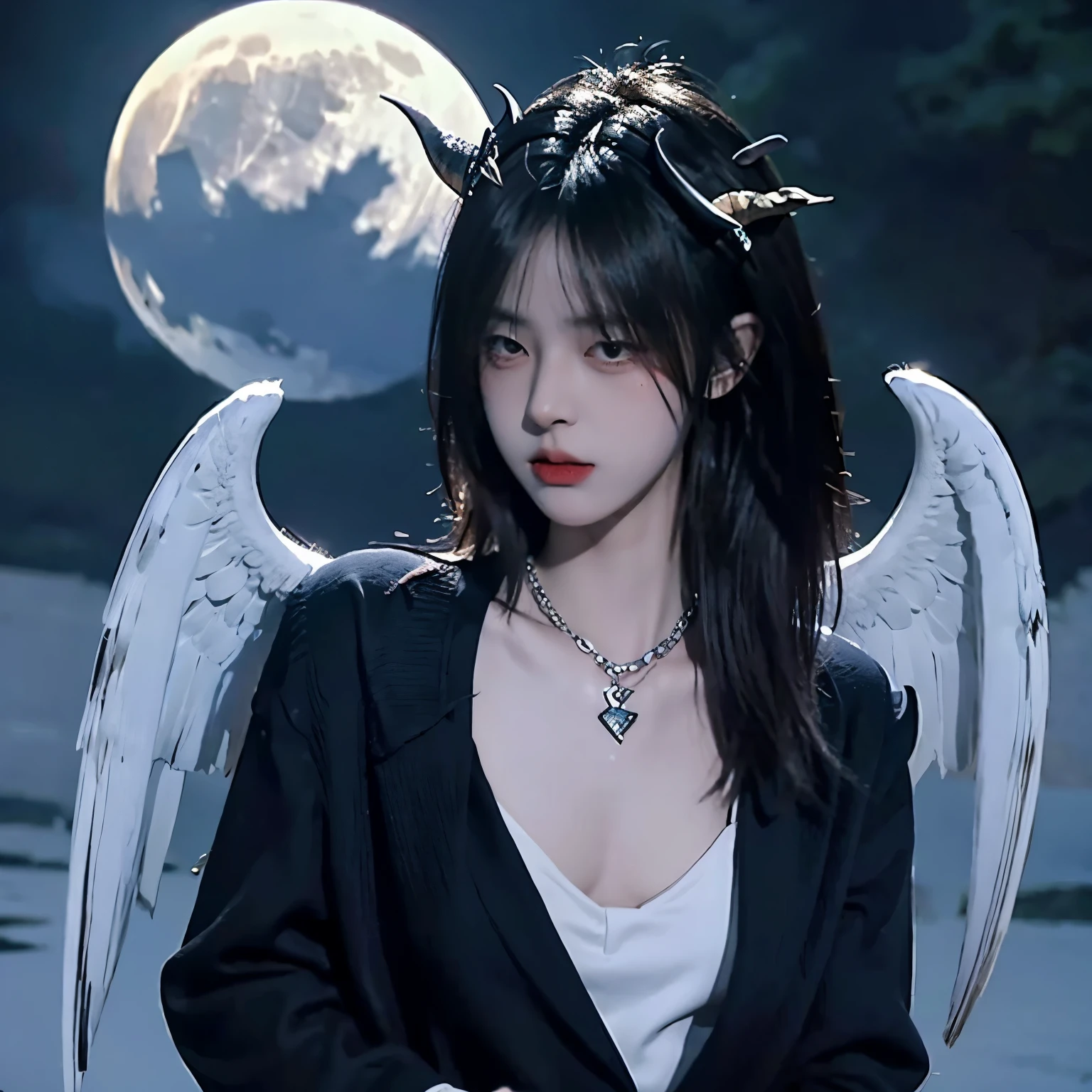 Bondage, tied up,satanic necklace,choker, black suit, suit with tie, black veil, satanic earing,standing in the lake with moon in the sky, angel, wings, White wings, holy girl, horns, lucifer, bdsm, holding a goat head, hold a goat head